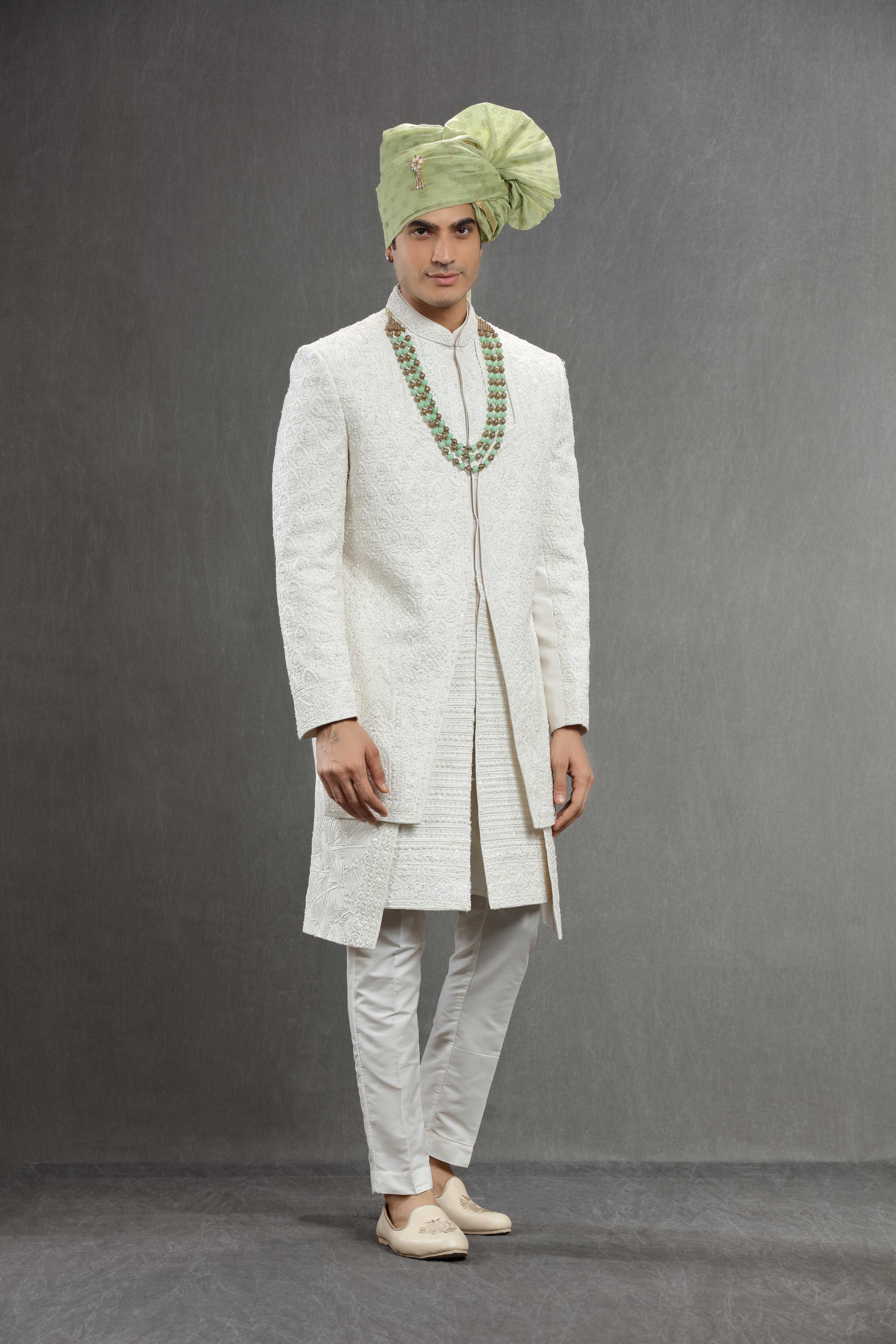 Ivory Silk emboidered double layred indowestern set - Shreeman