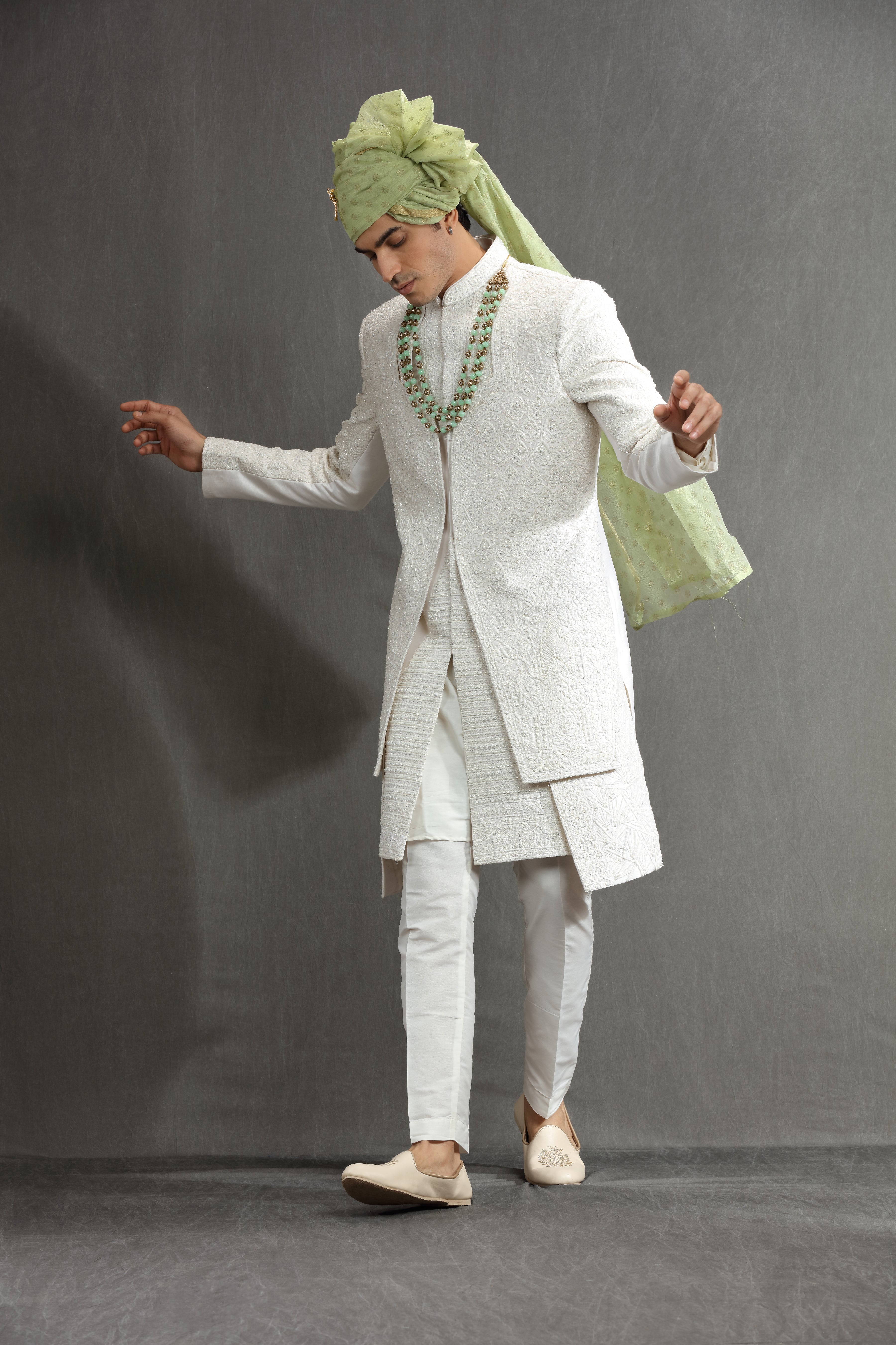 Ivory Silk emboidered double layred indowestern set - Shreeman