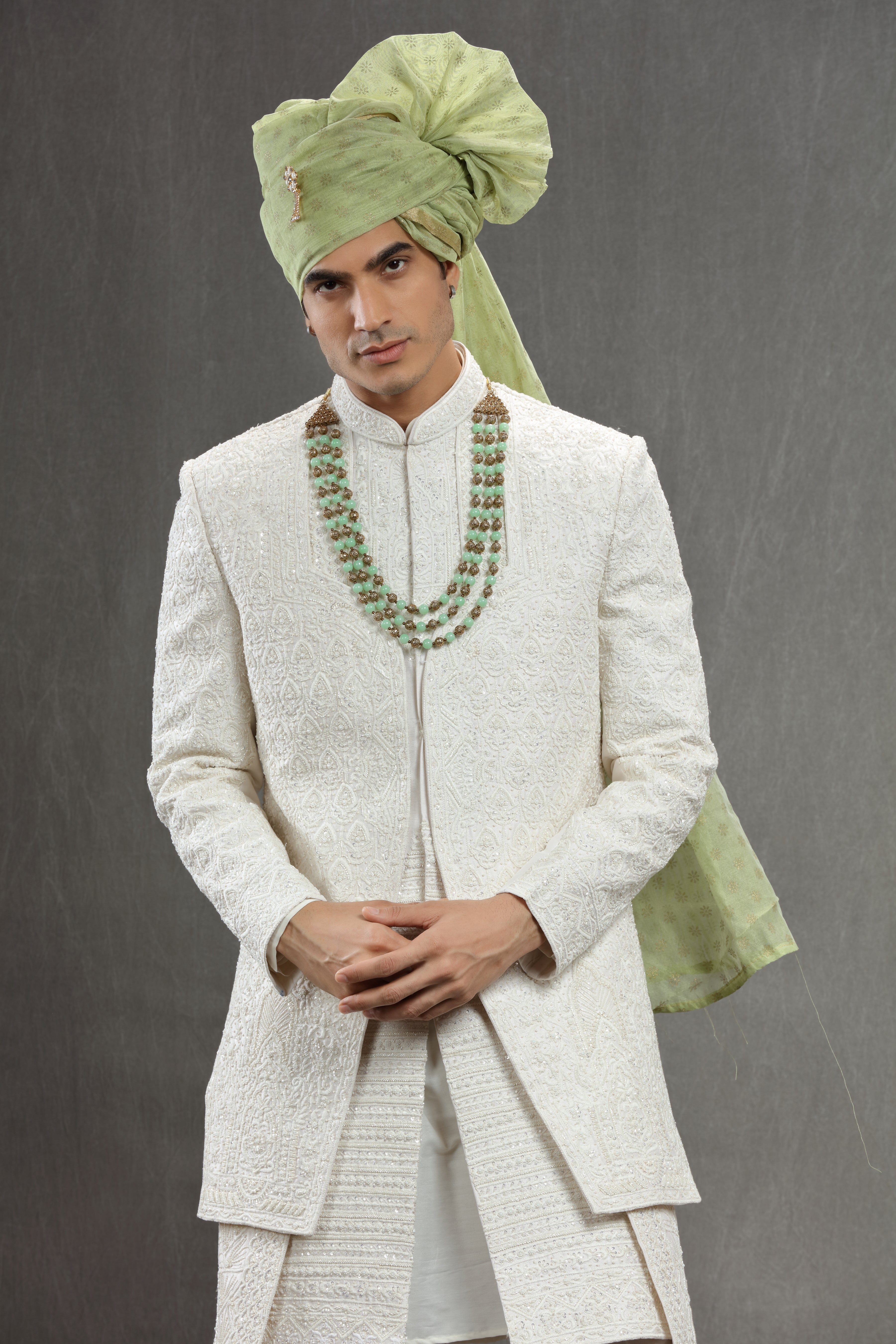 Ivory Silk emboidered double layred indowestern set - Shreeman