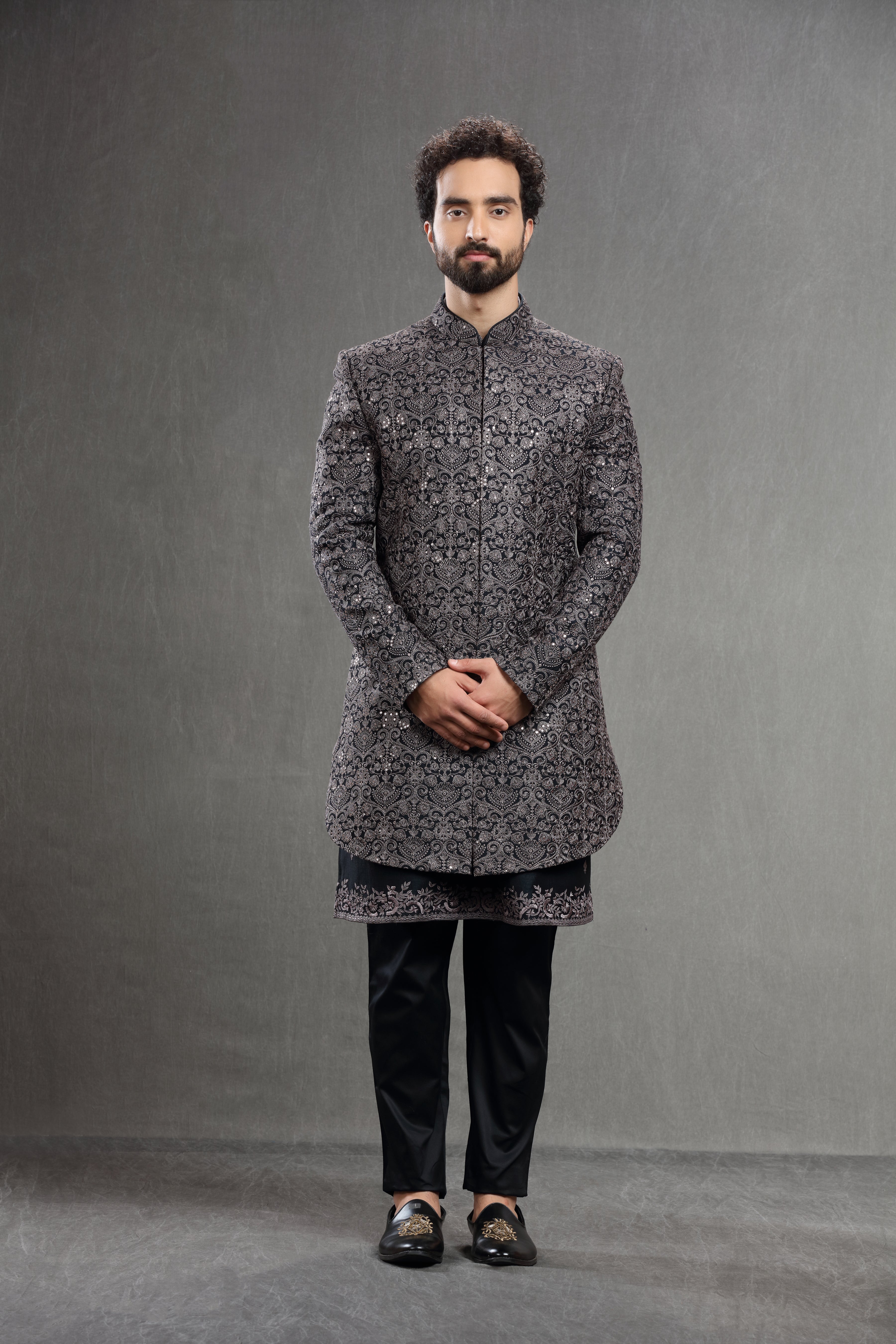Black ndowestern set embroidered in resham and sequins work - Shreeman