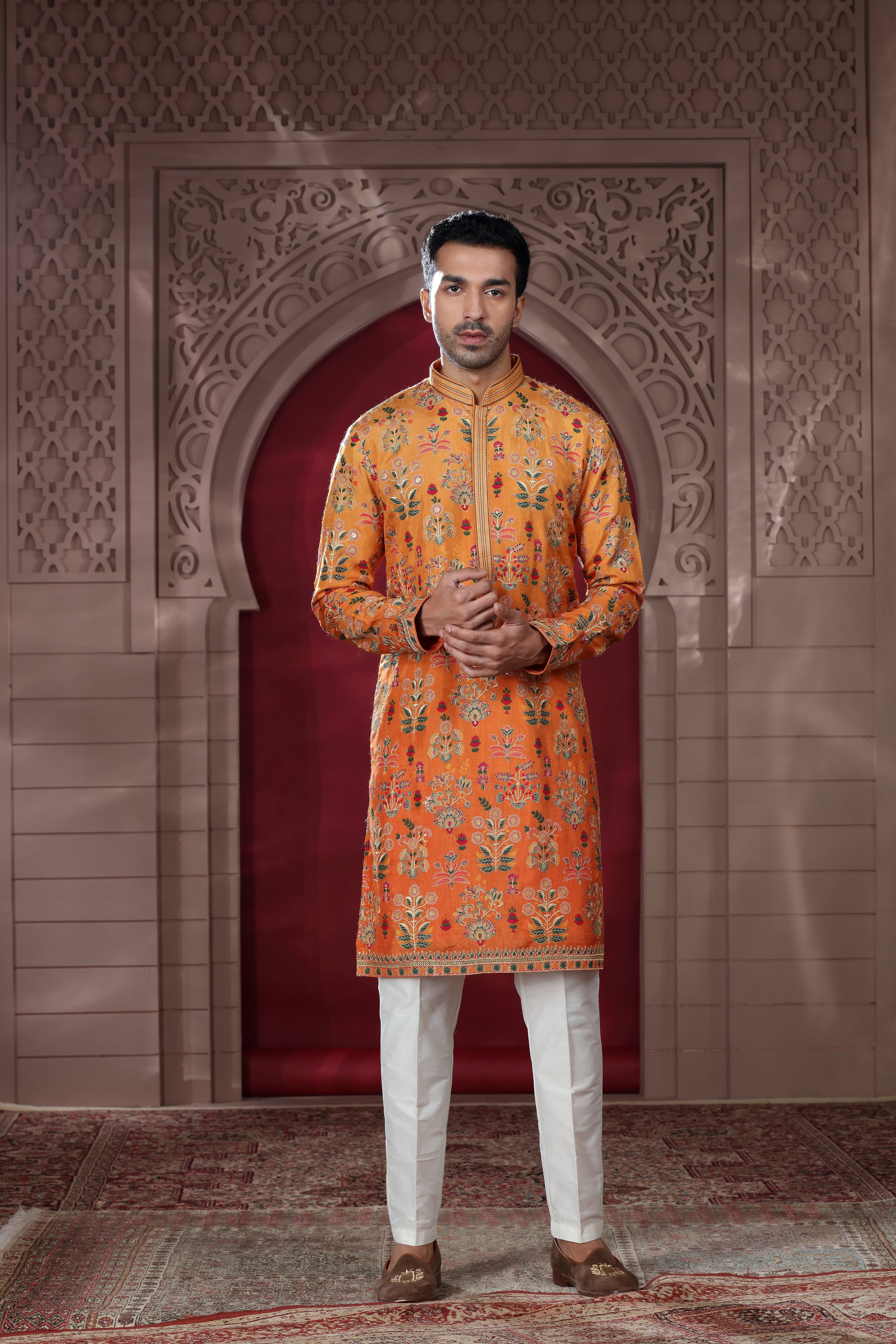 Orange Silk Kurta with Silver Aari Sequence Work