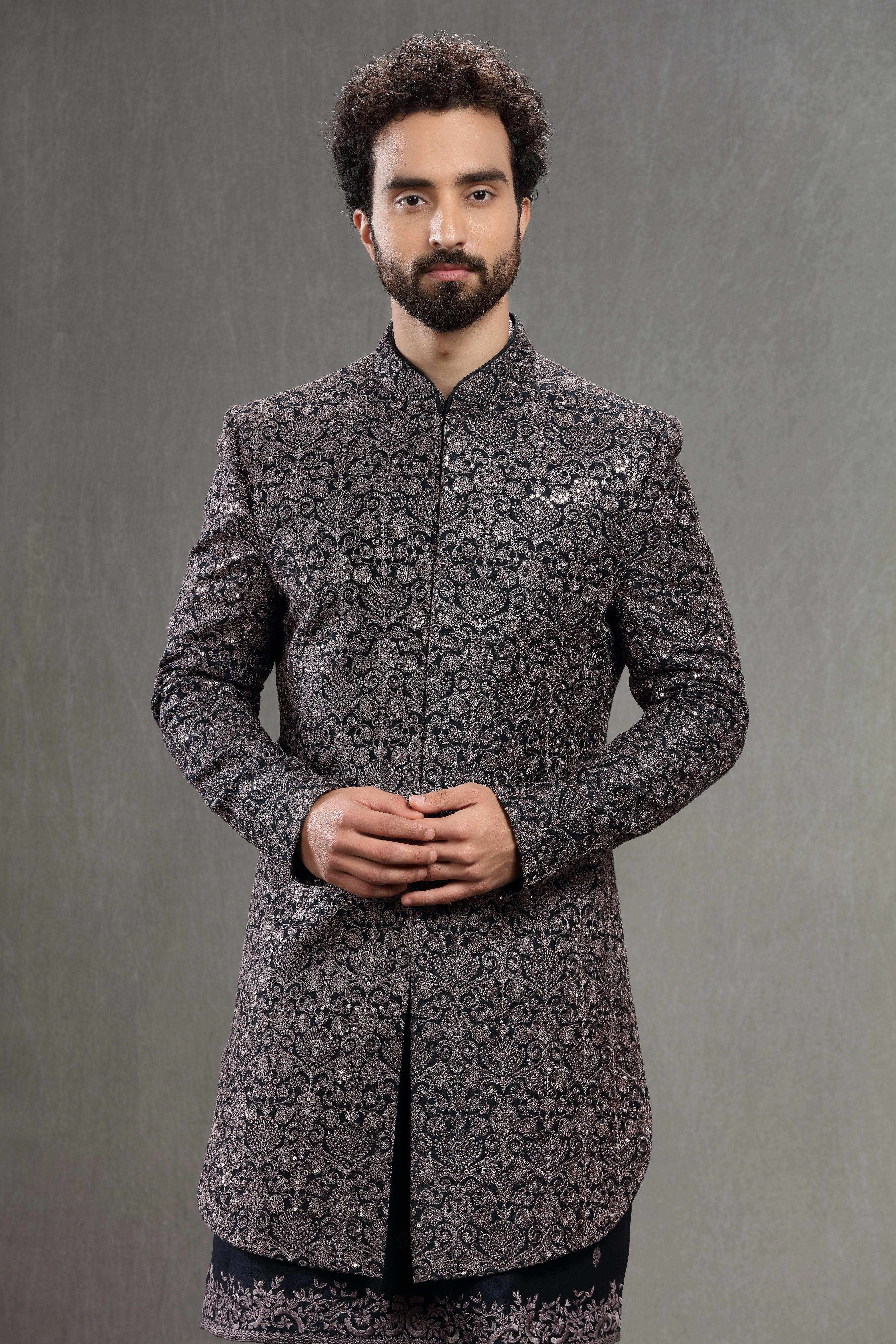 Black ndowestern set embroidered in resham and sequins work - Shreeman