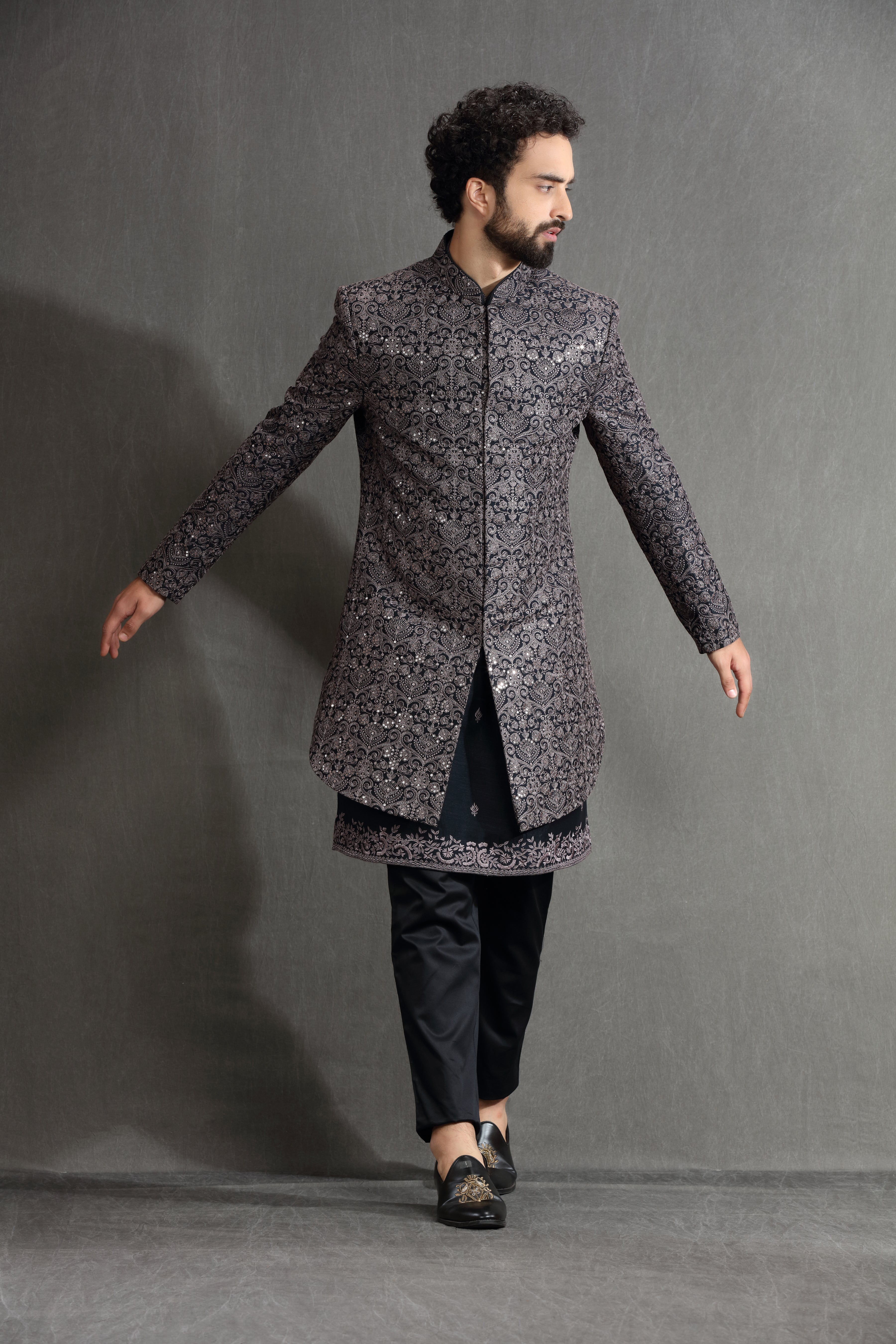Black ndowestern set embroidered in resham and sequins work - Shreeman
