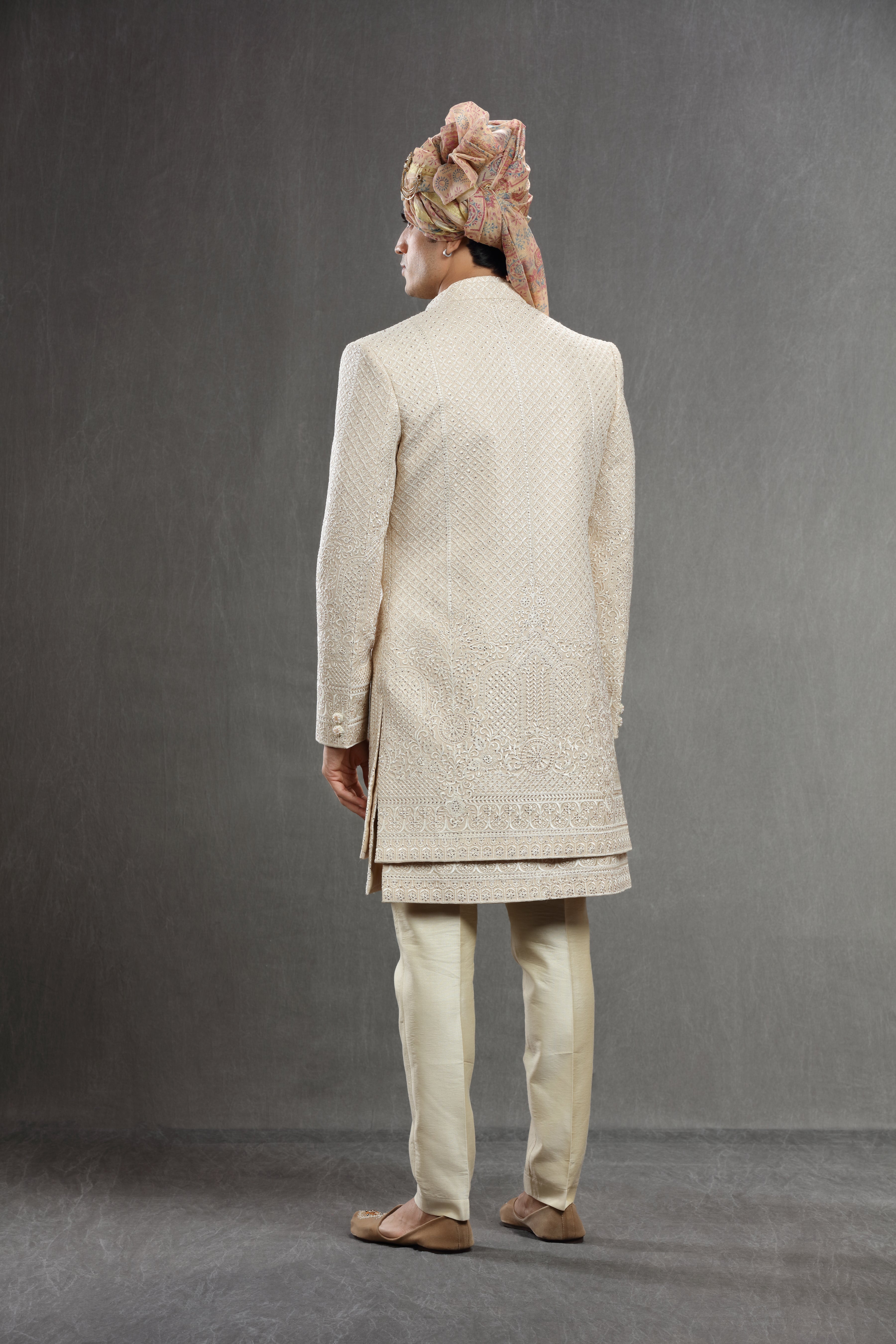 Cream indowestern set in Thread work embroidery - Shreeman