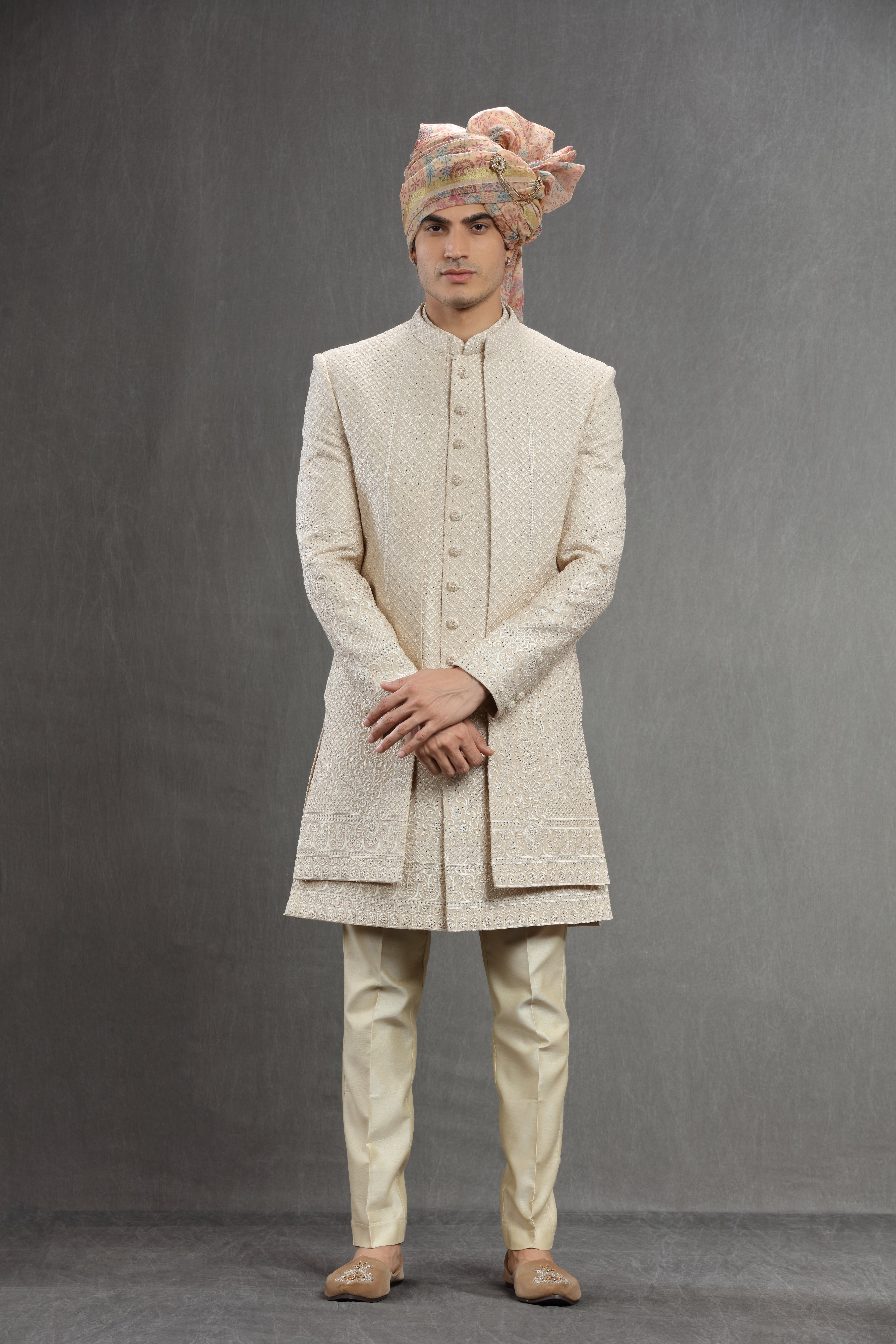 Cream indowestern set in Thread work embroidery - Shreeman