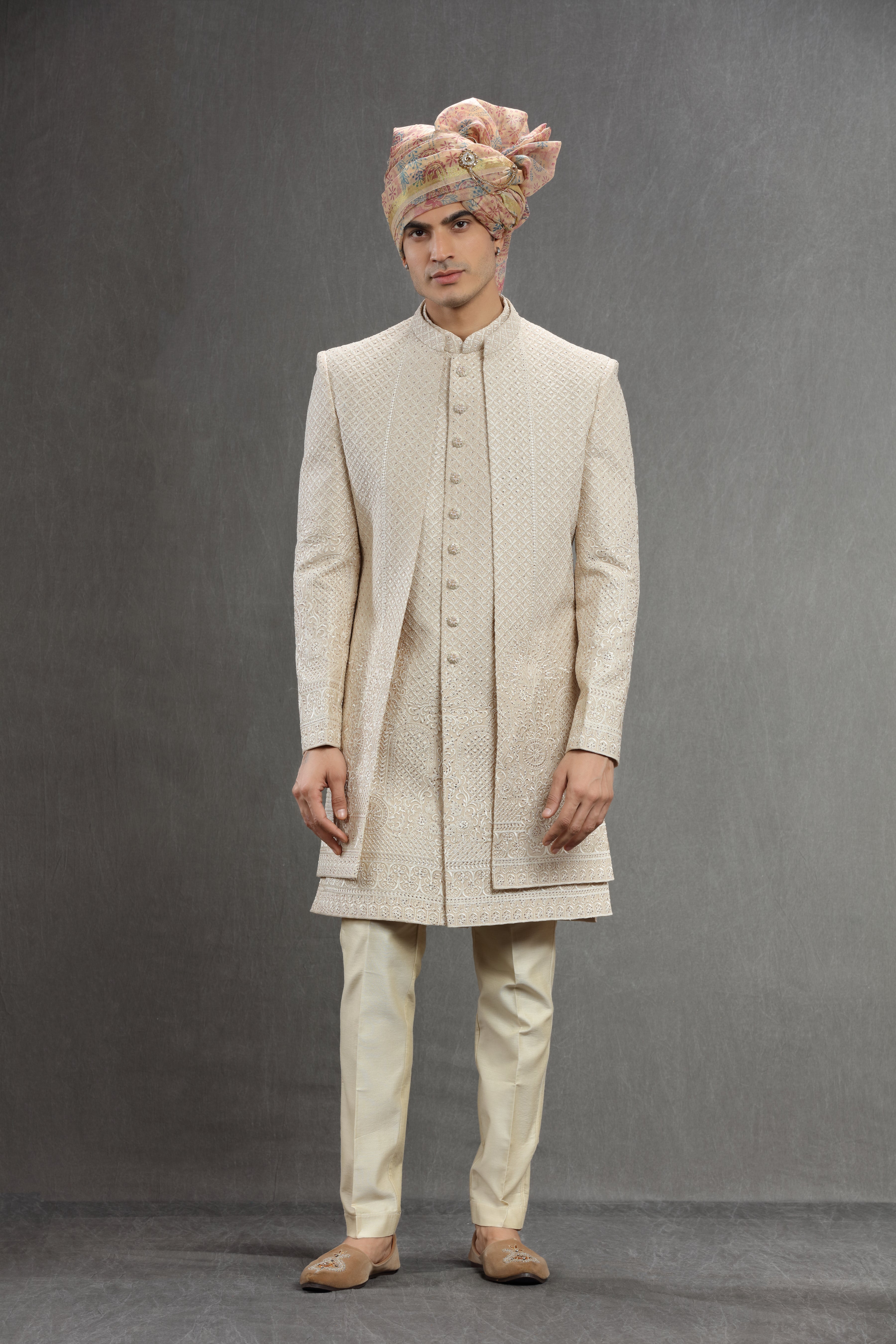 Cream indowestern set in Thread work embroidery - Shreeman