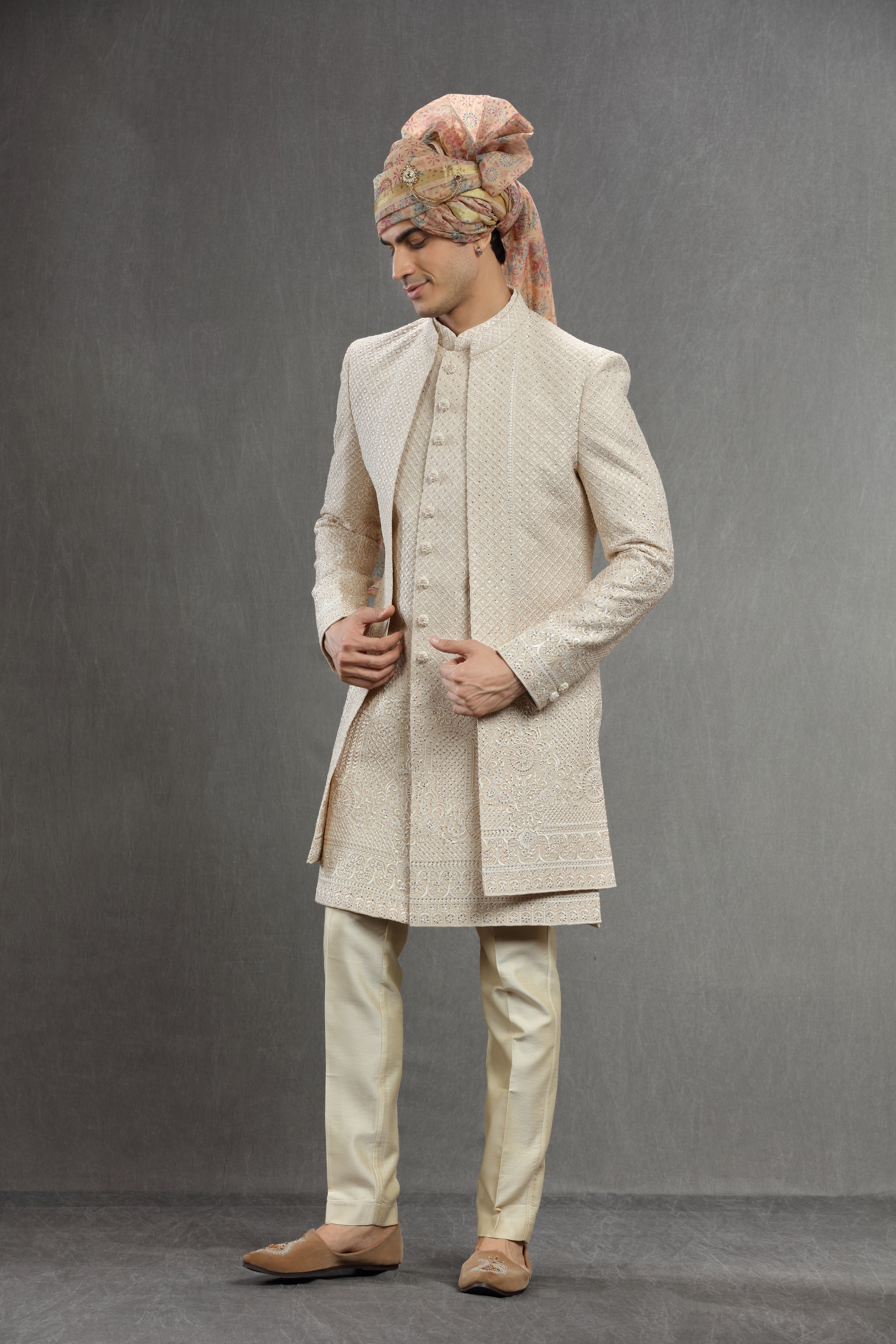 Cream indowestern set in Thread work embroidery - Shreeman