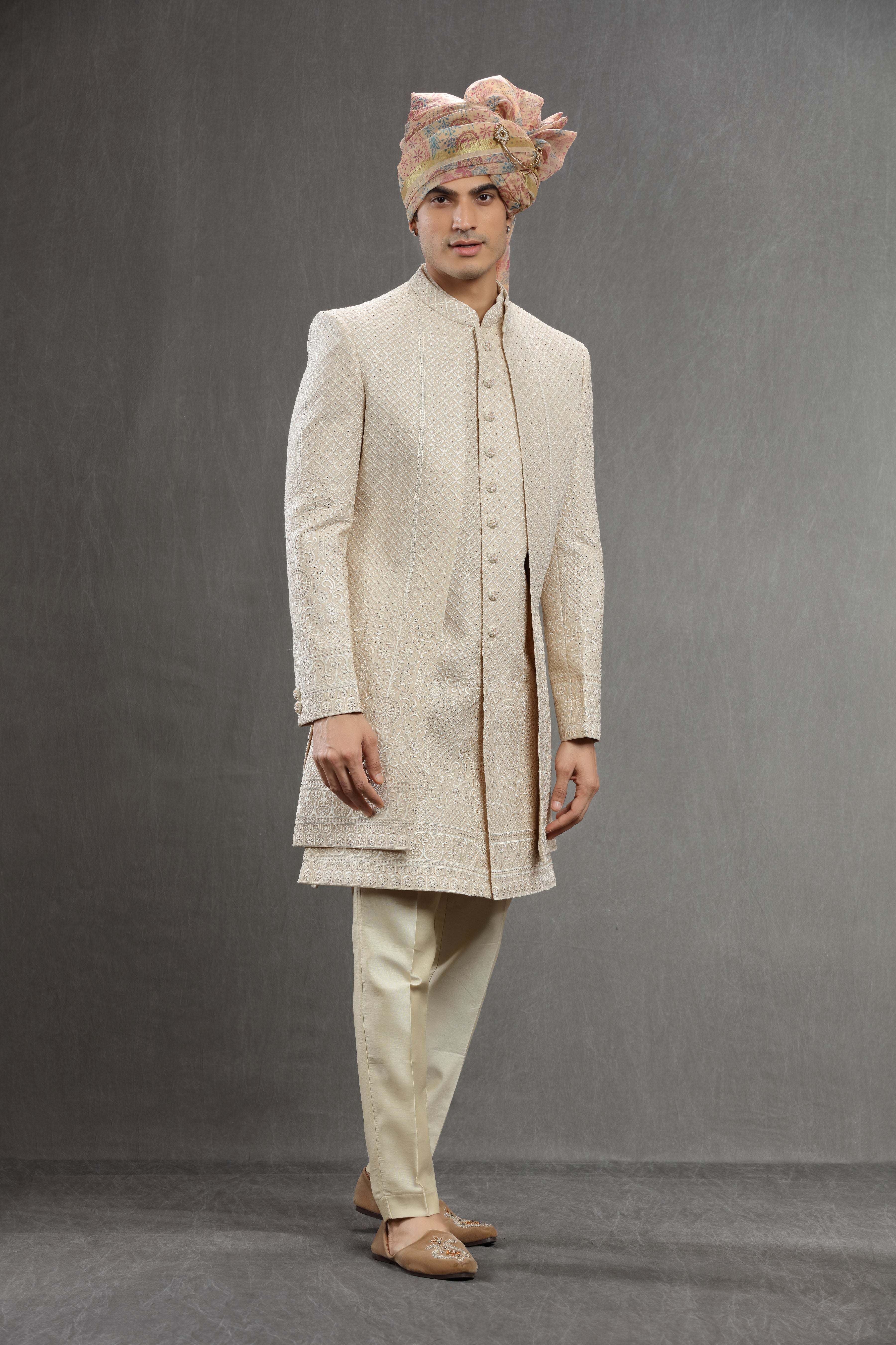 Cream indowestern set in Thread work embroidery - Shreeman