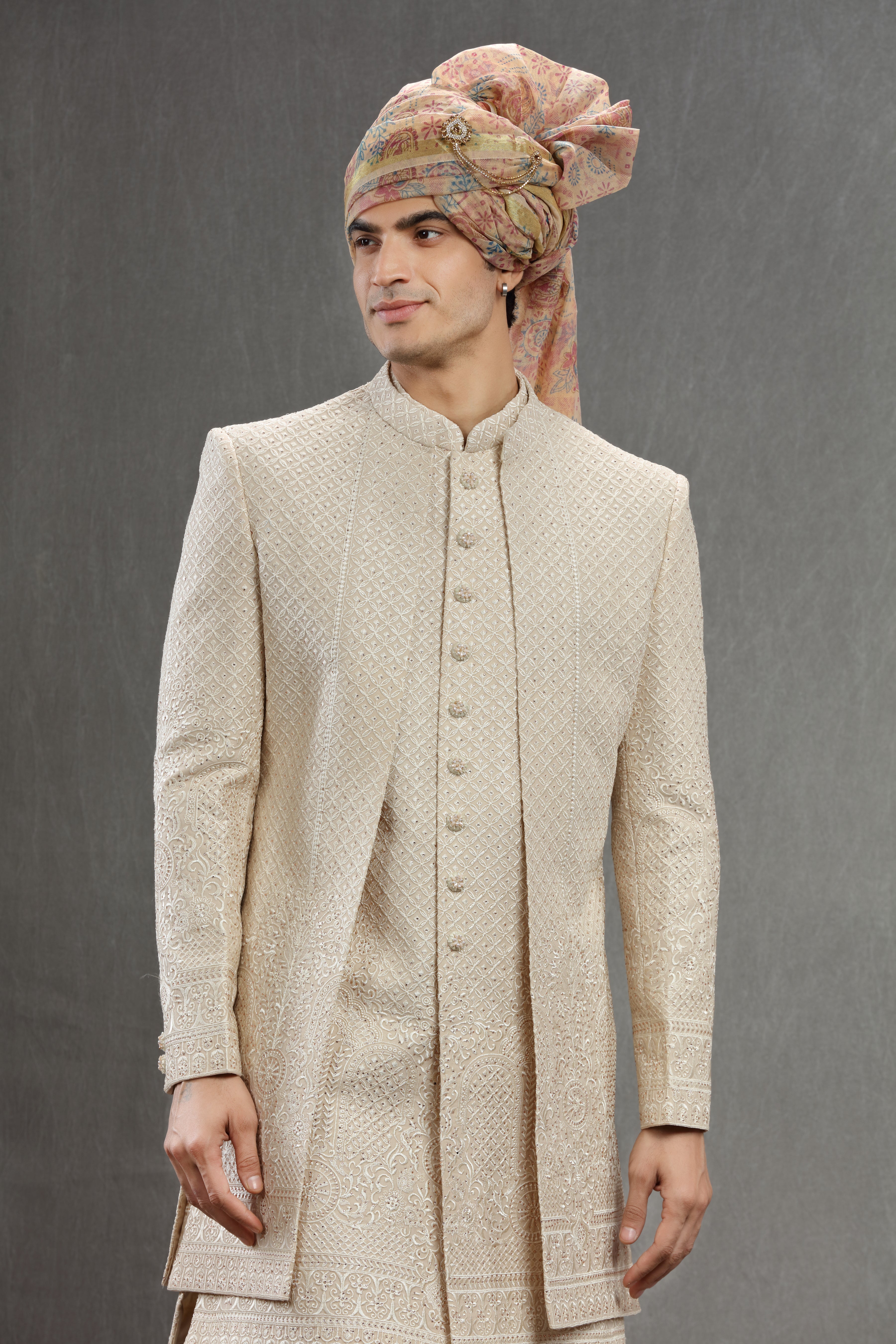 Cream indowestern set in Thread work embroidery - Shreeman