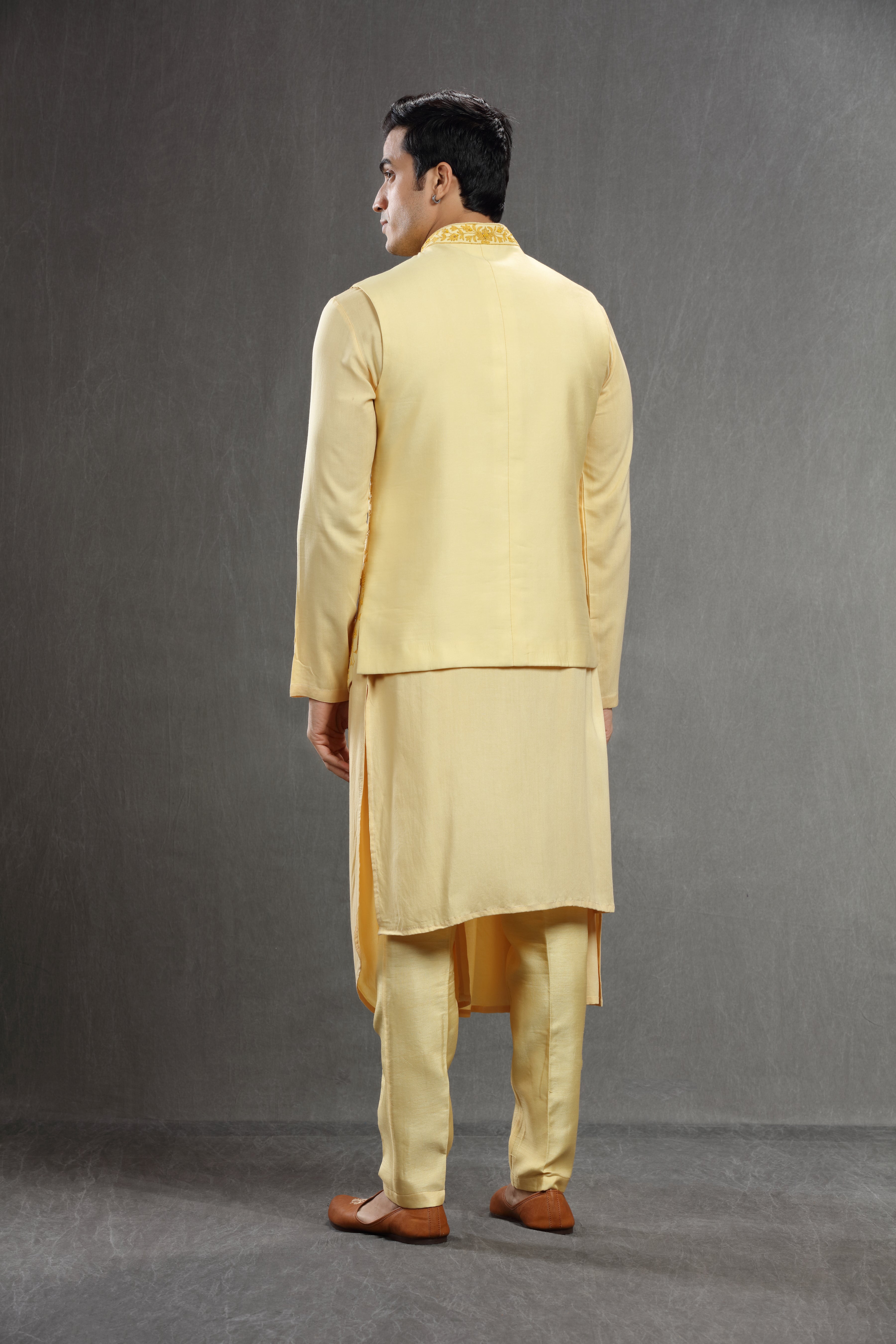 Yellow long jacket set with floral resham work - Shreeman
