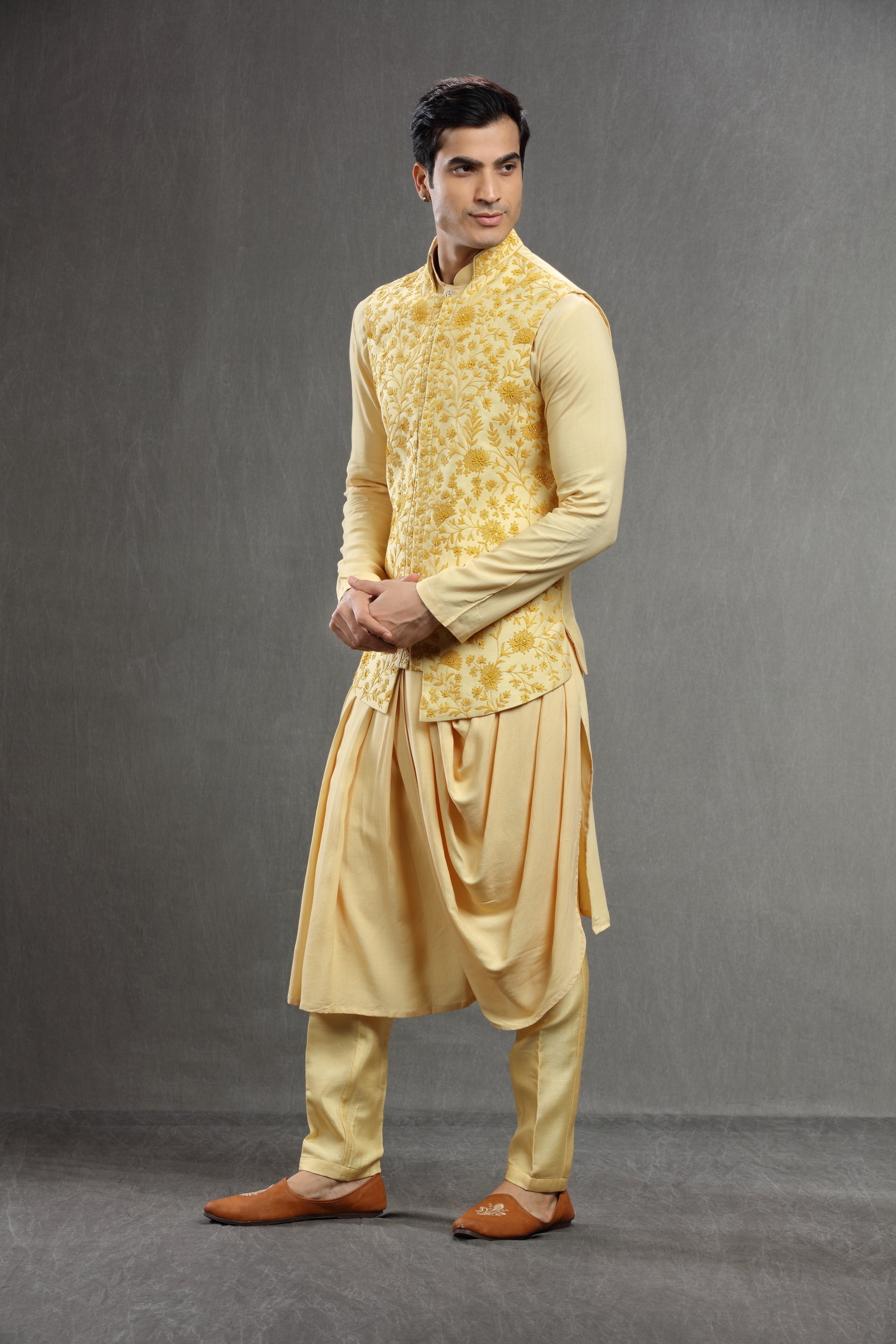 Yellow long jacket set with floral resham work - Shreeman