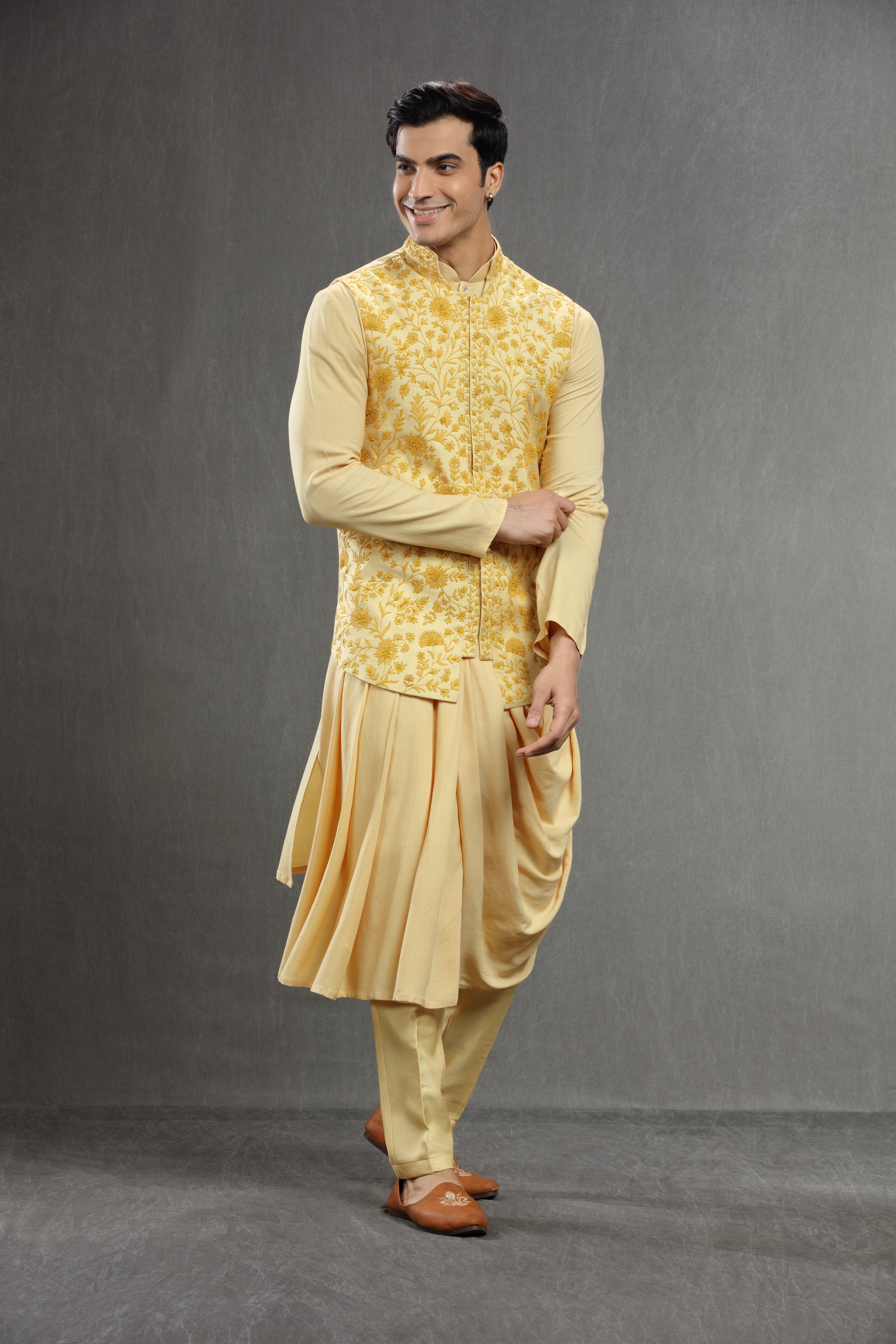Yellow long jacket set with floral resham work - Shreeman