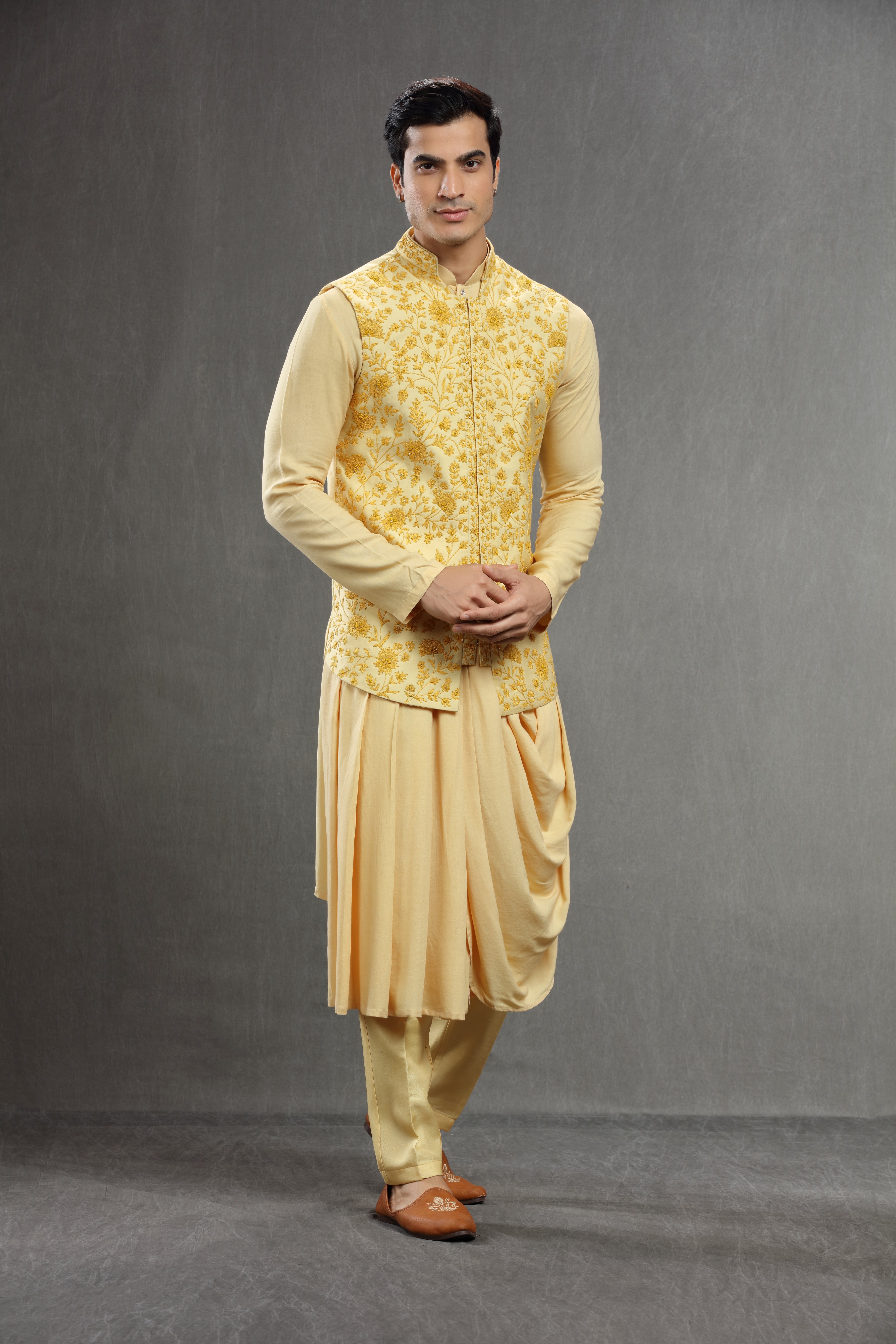 Yellow long jacket set with floral resham work - Shreeman