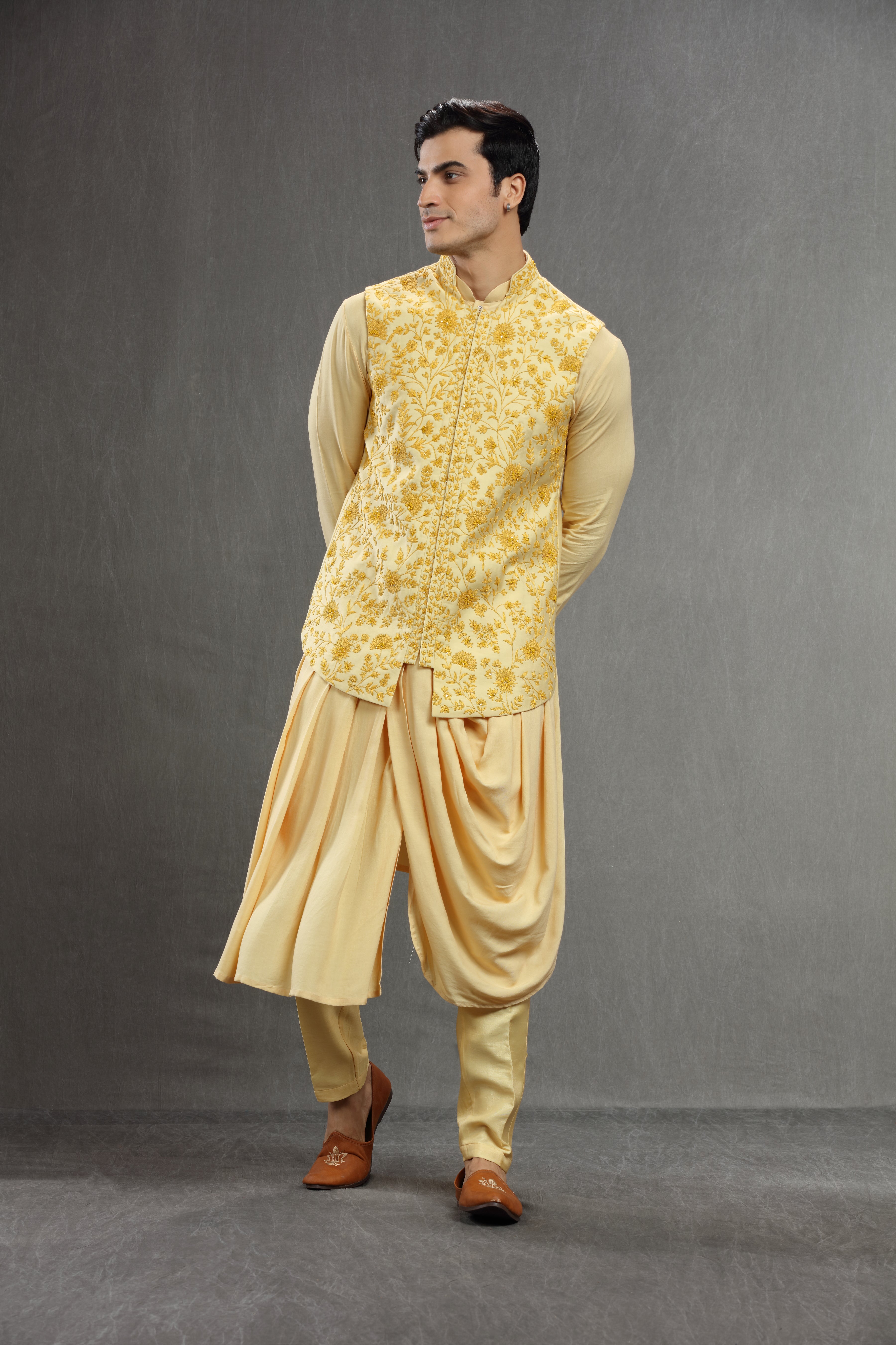 Yellow long jacket set with floral resham work - Shreeman
