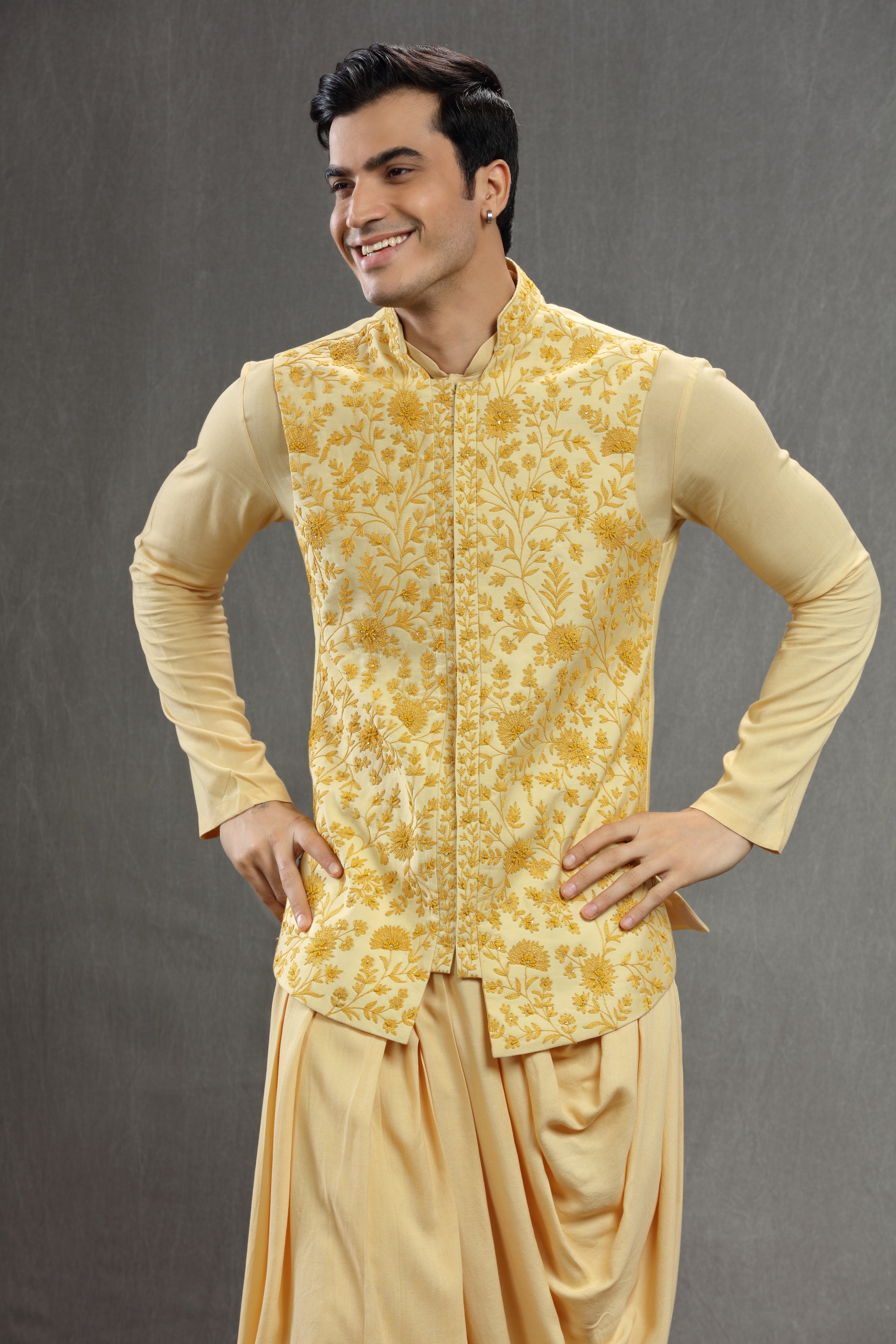Yellow long jacket set with floral resham work - Shreeman