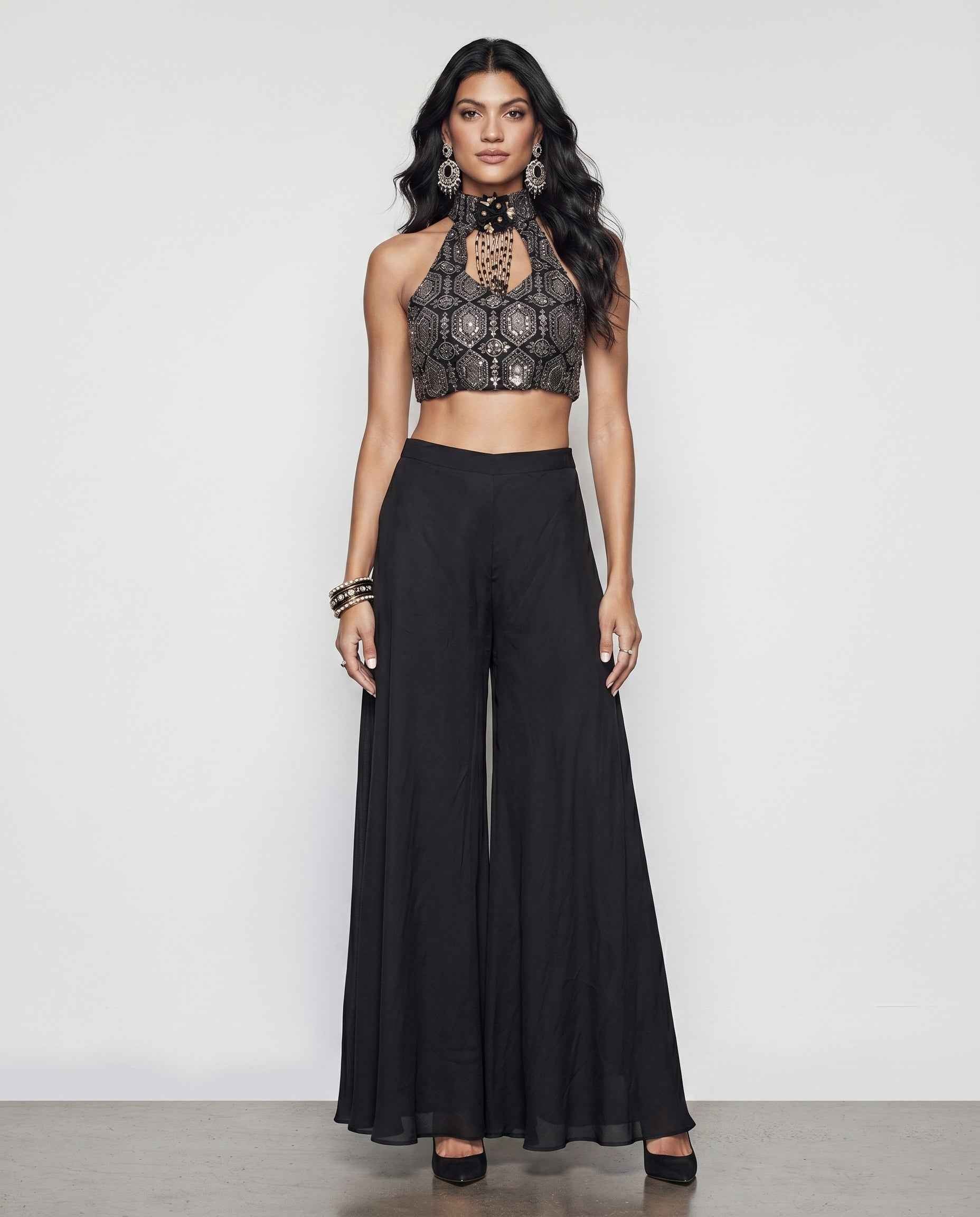 Black Georgette Silk Indo Western with Sequence Cutdana and Soft Silk Work