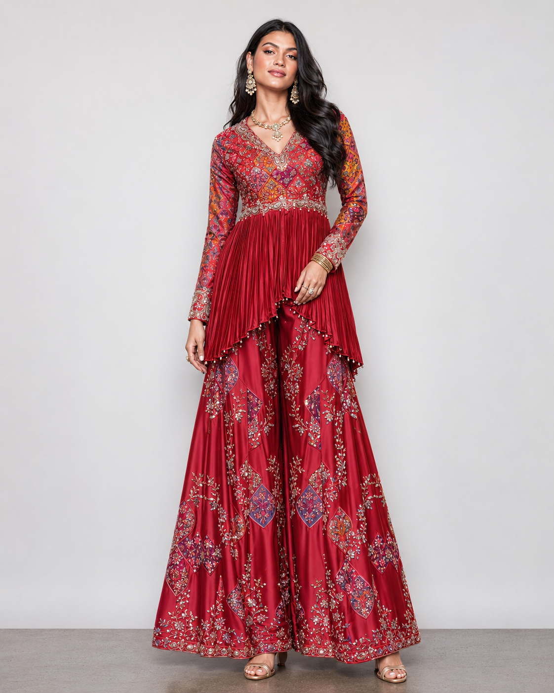 Red Silk Palazzo Set with Zardozi, Resham and Sicon Work