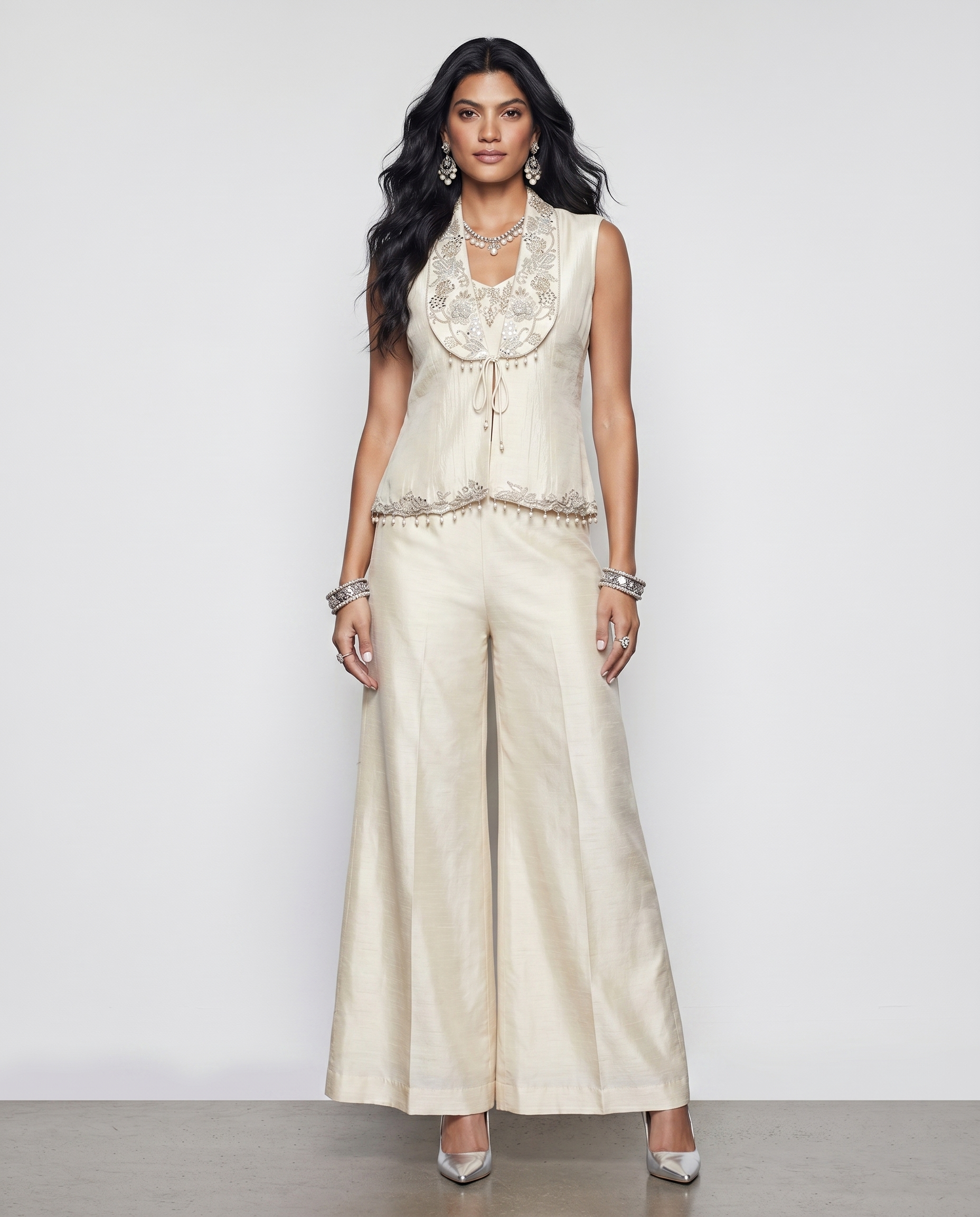 Beige Tissue Silk Indo Western with Mirror Resham Zardozi and Sequence Work