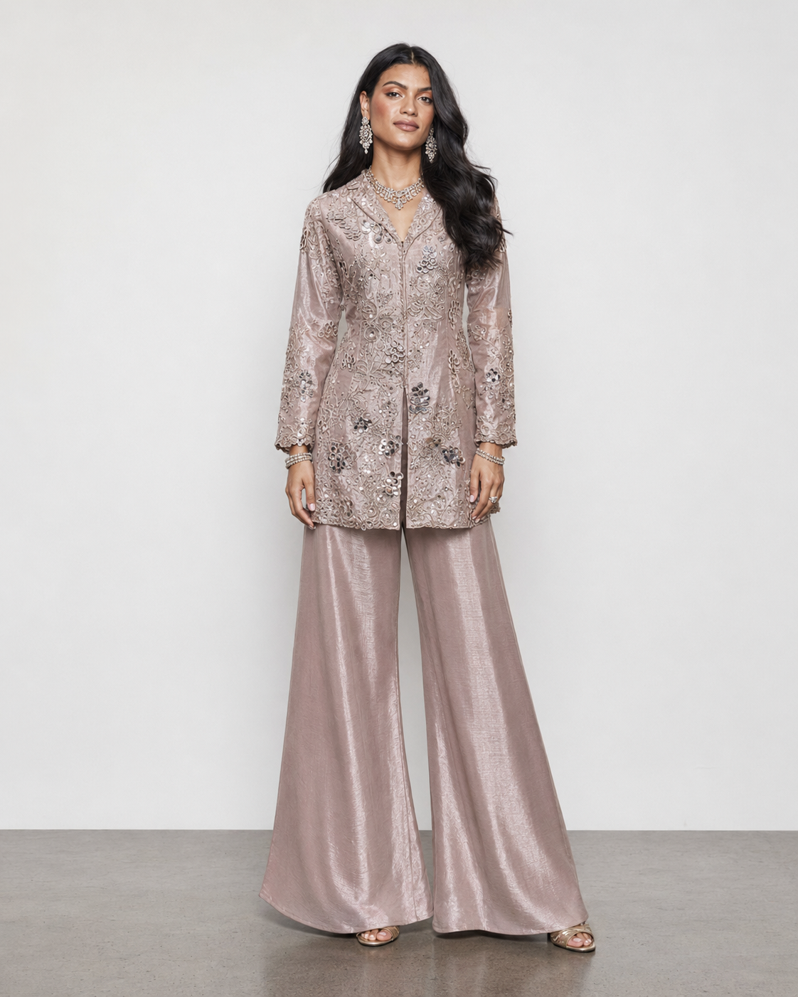 Peach Tissue Silk Palazzo with Miral, Moti, Sicon, Kardana and Resham Work