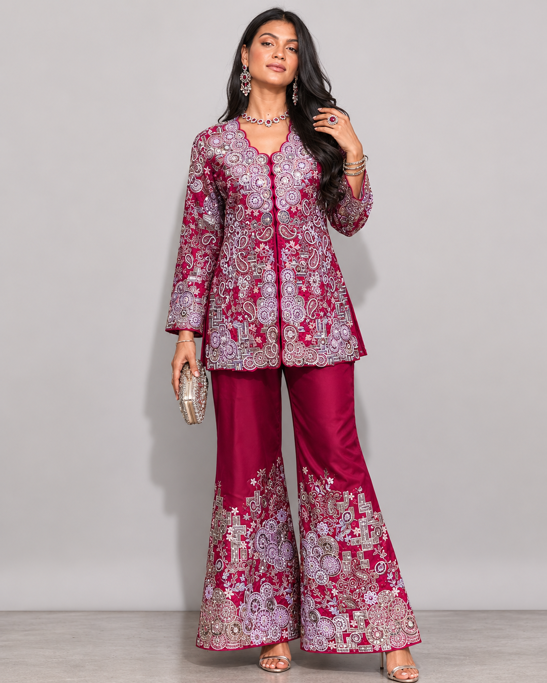 Red Silk Palazzo Suit with Moti, Sicon and Resham Work