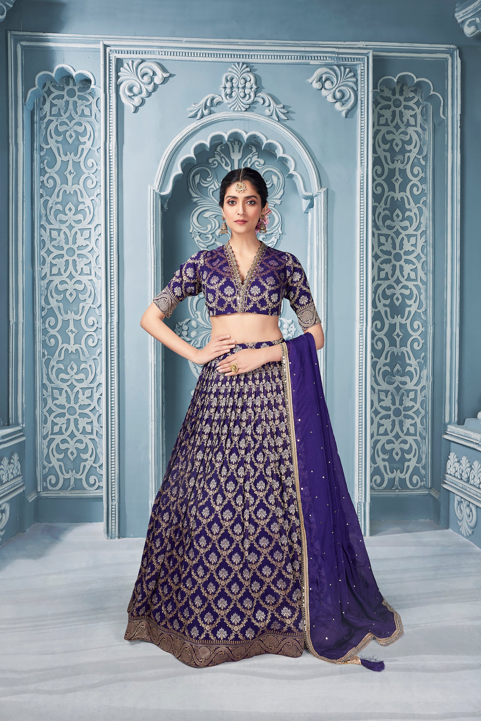 Purple Banarasi Lehenga Set with Embroidered Work