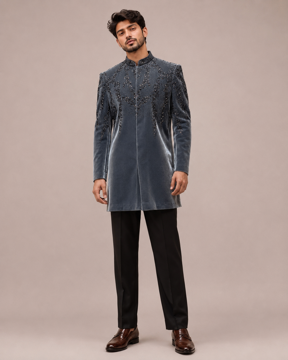 Gray Velvet Sherwani with Intricate Hand Embroidery Work
