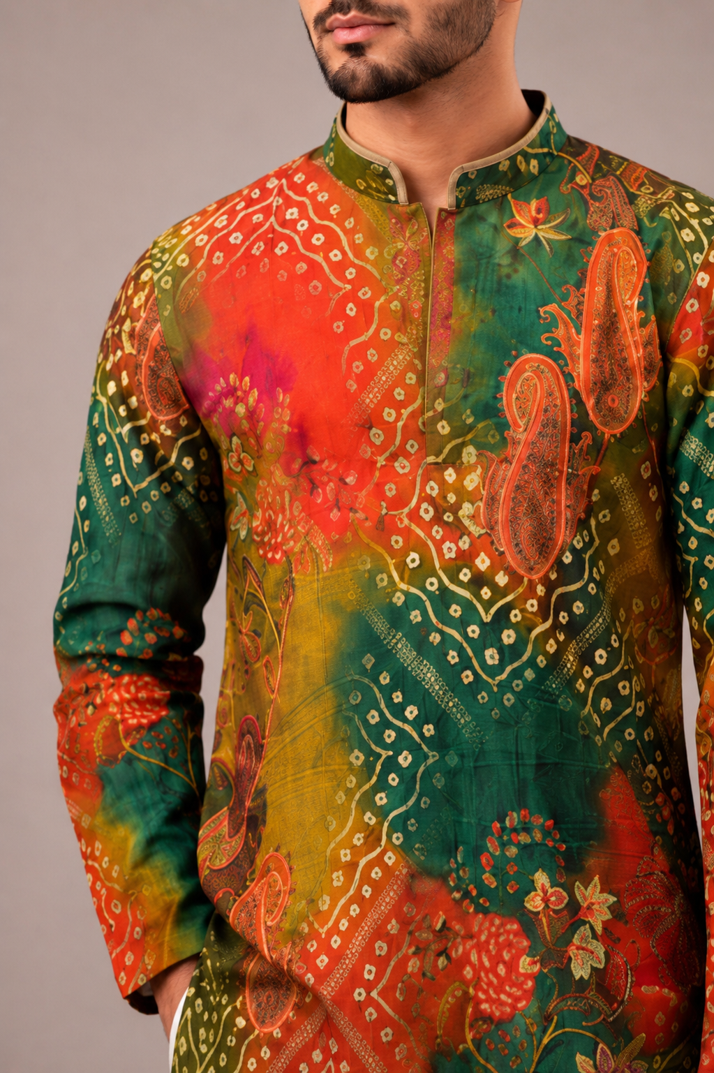 Rama Silk Kurta Set with V Neck Print Work