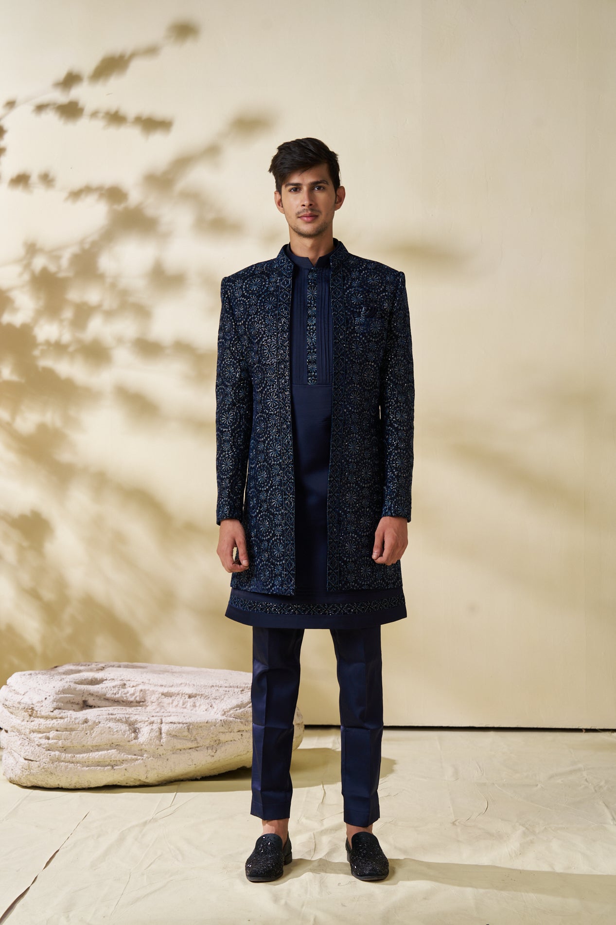 Dark Blue Long Jacket with All-Over Embroidery - Shreeman