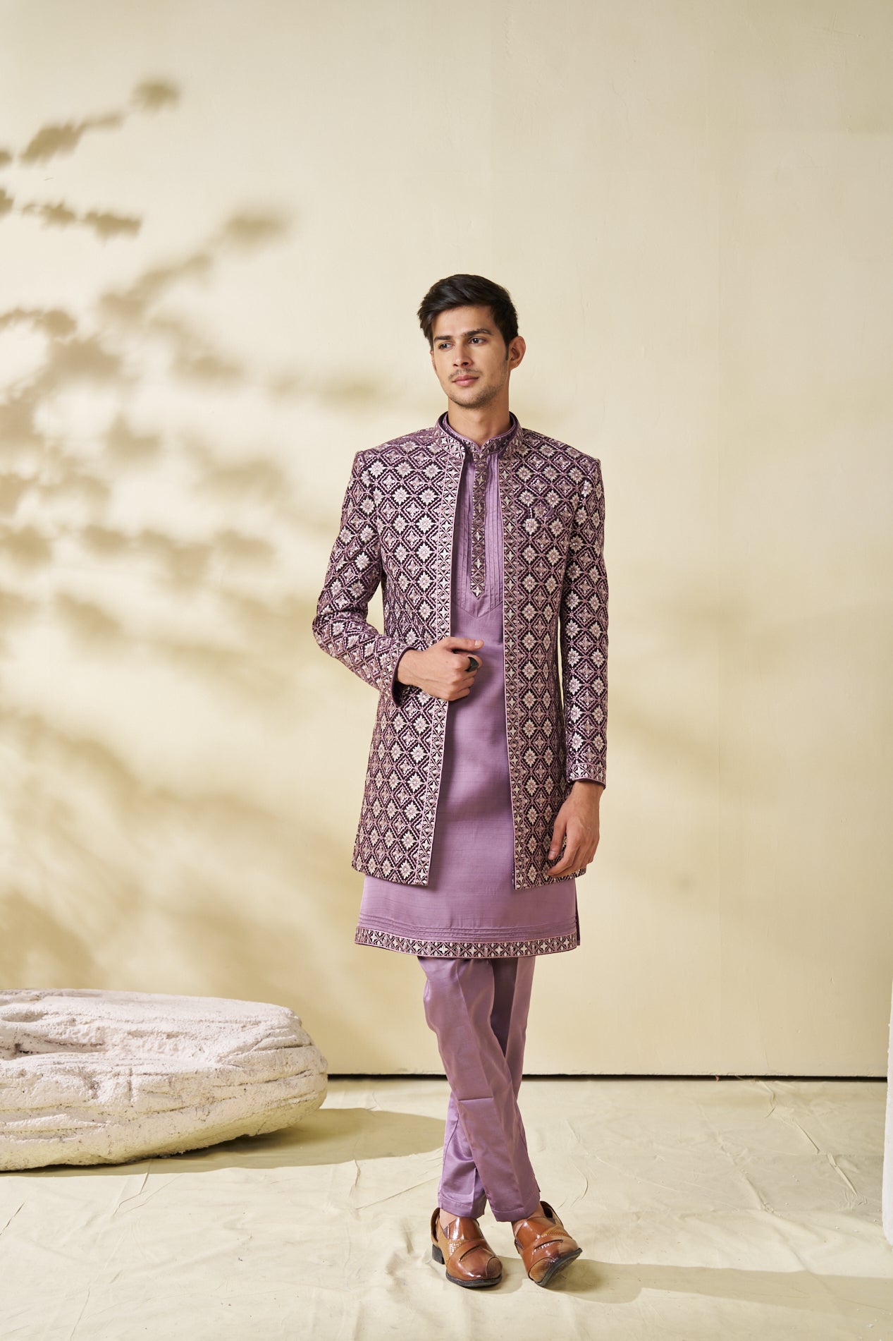 Lilac Jacket Set With Embroidery Jacket And Sequin Work - Shreeman