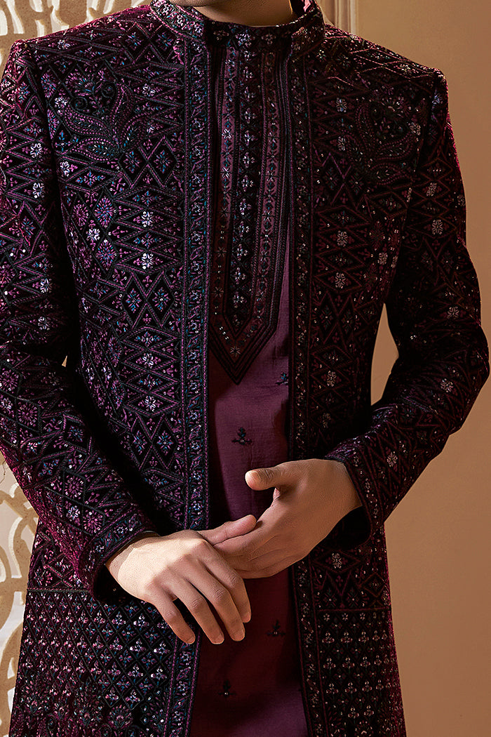 Wine Open Jacket with Kurta Set With Resham Work