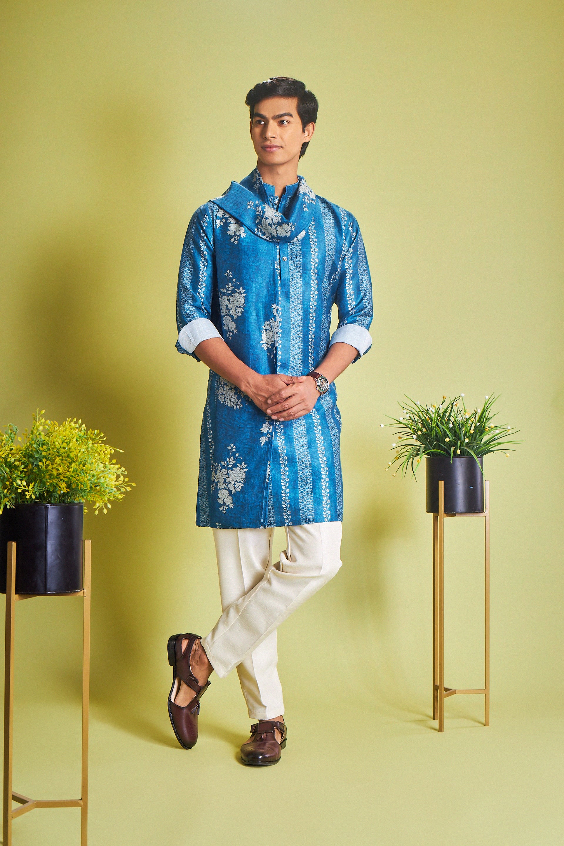 Blue Kurta Set With Stole For Men - Shreeman