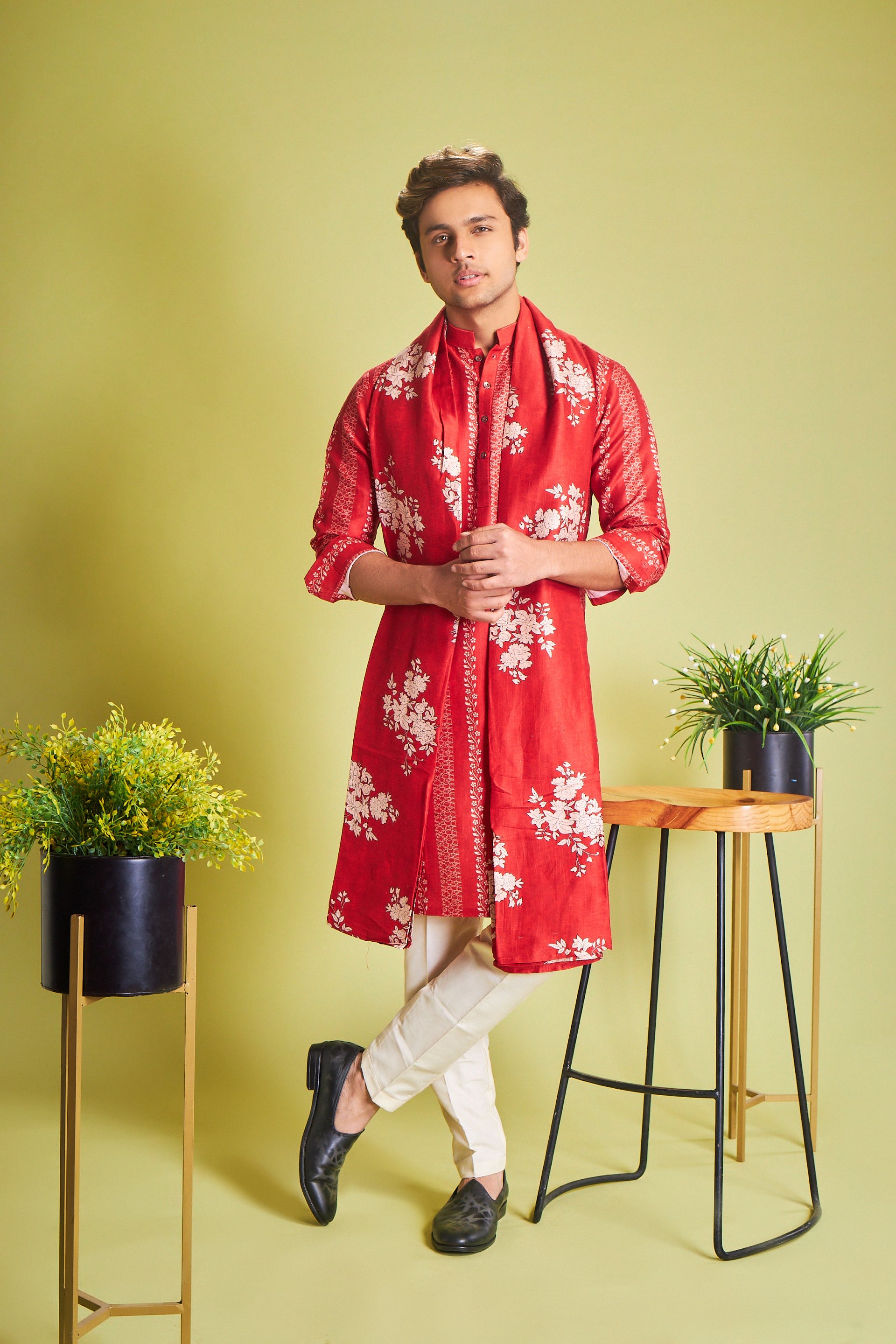 Red Silk Kurta With Geometric & Floral Print - Shreeman
