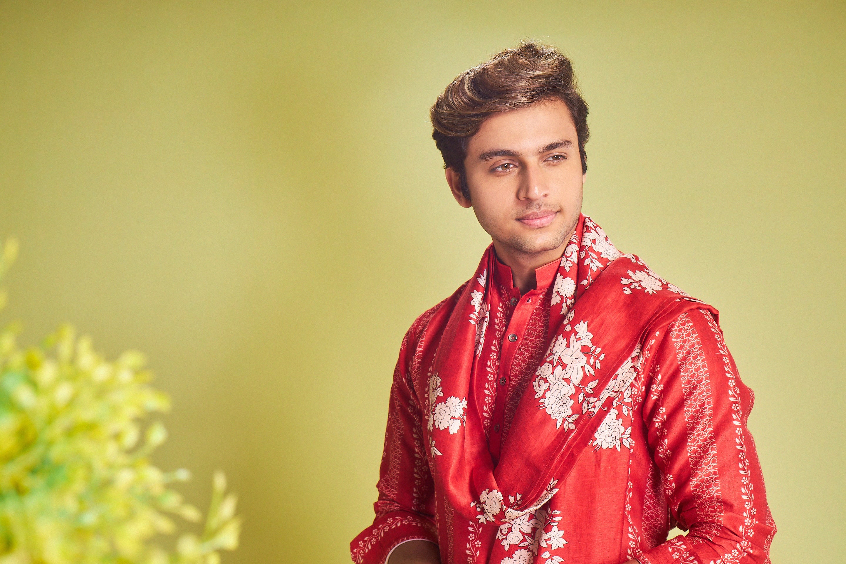 Red Silk Kurta With Geometric & Floral Print - Shreeman