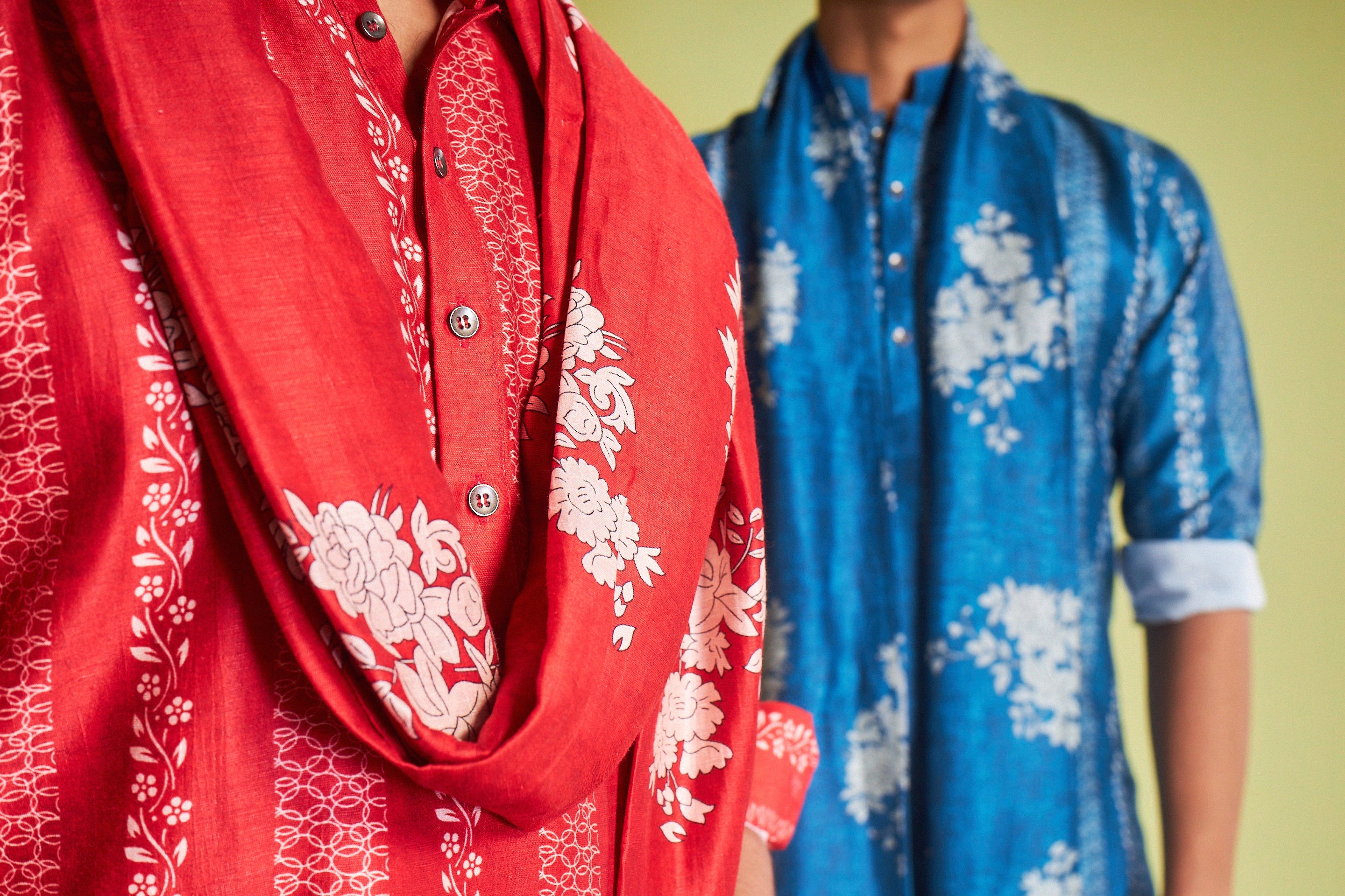 Red Silk Kurta With Geometric & Floral Print - Shreeman