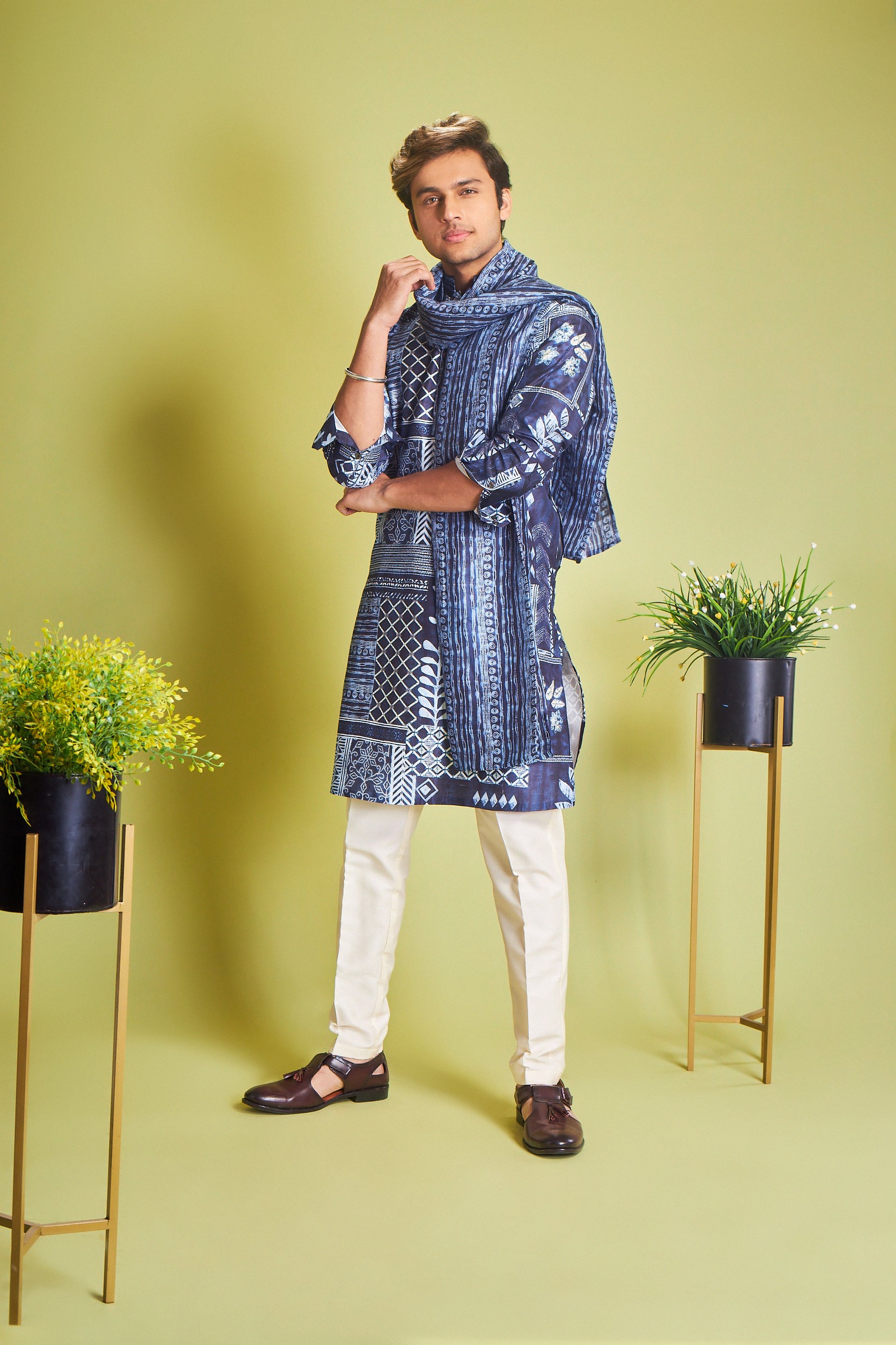 Indigo Blue Silk Kurta With Traditional Geometric Print - Shreeman