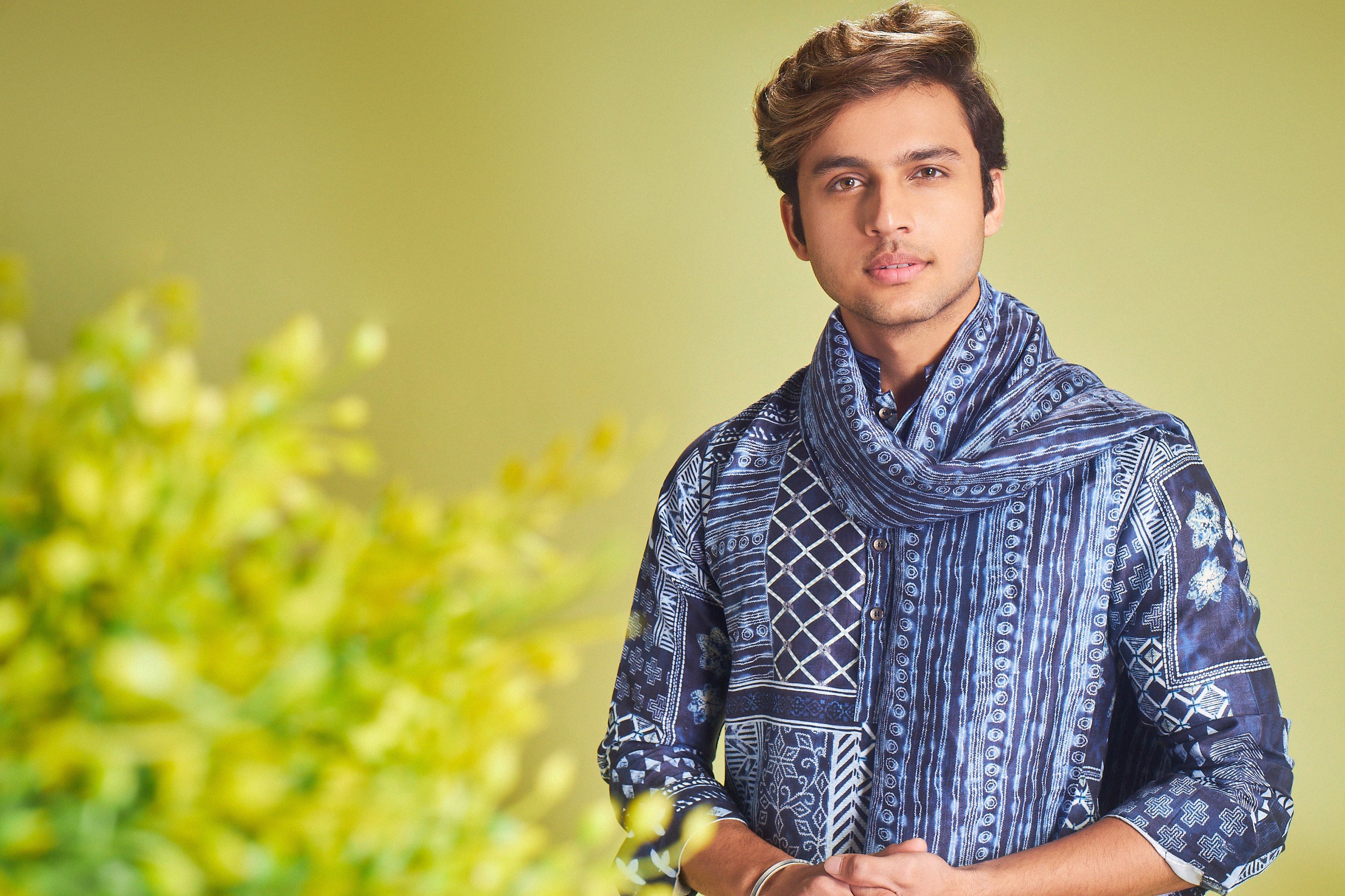 Indigo Blue Silk Kurta With Traditional Geometric Print - Shreeman