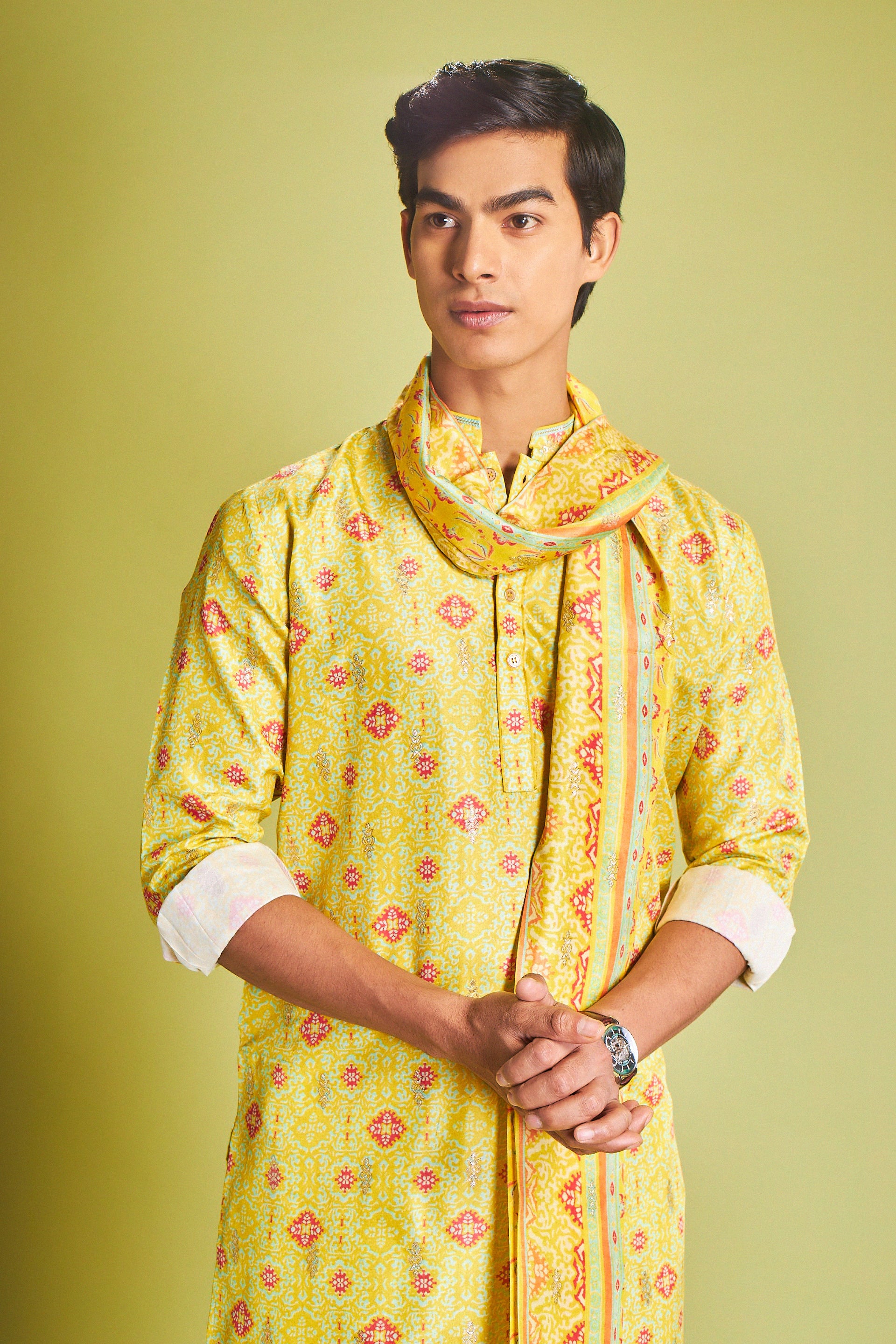 Yellow Silk Kurta Set With Traditional Motifs - Shreeman