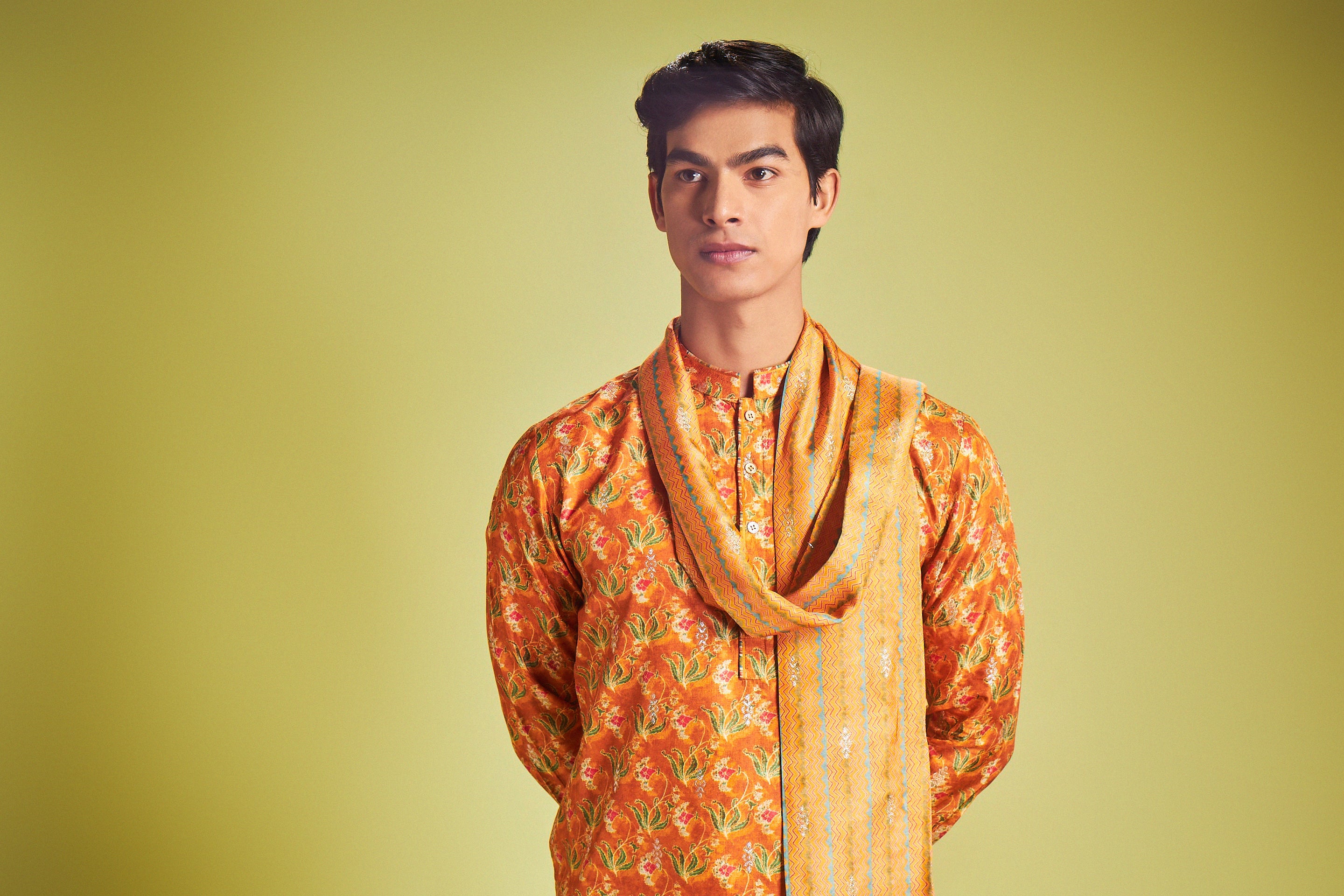 Orange Silk Kurta With Floral Geometric Print - Shreeman