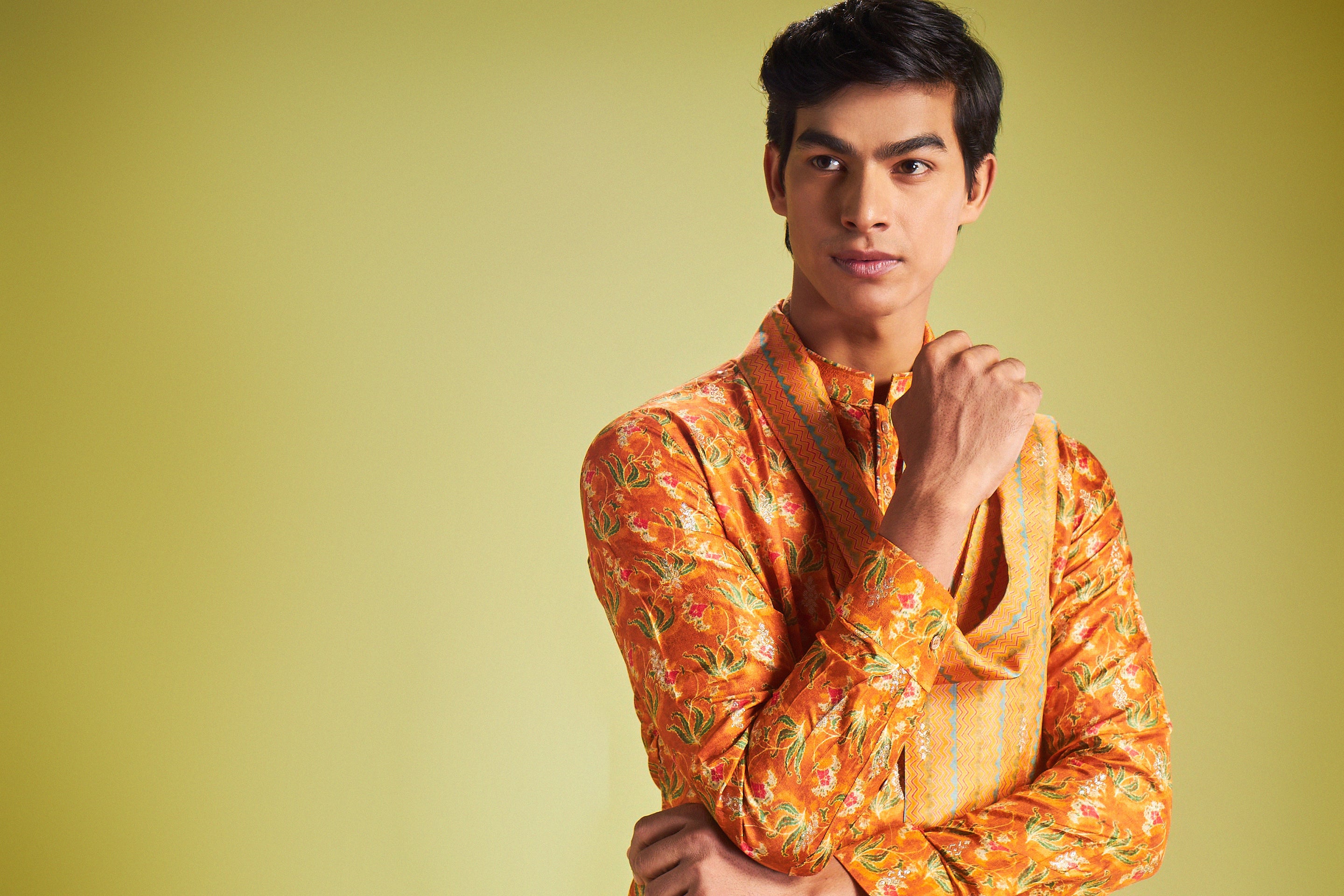 Orange Silk Kurta With Floral Geometric Print - Shreeman