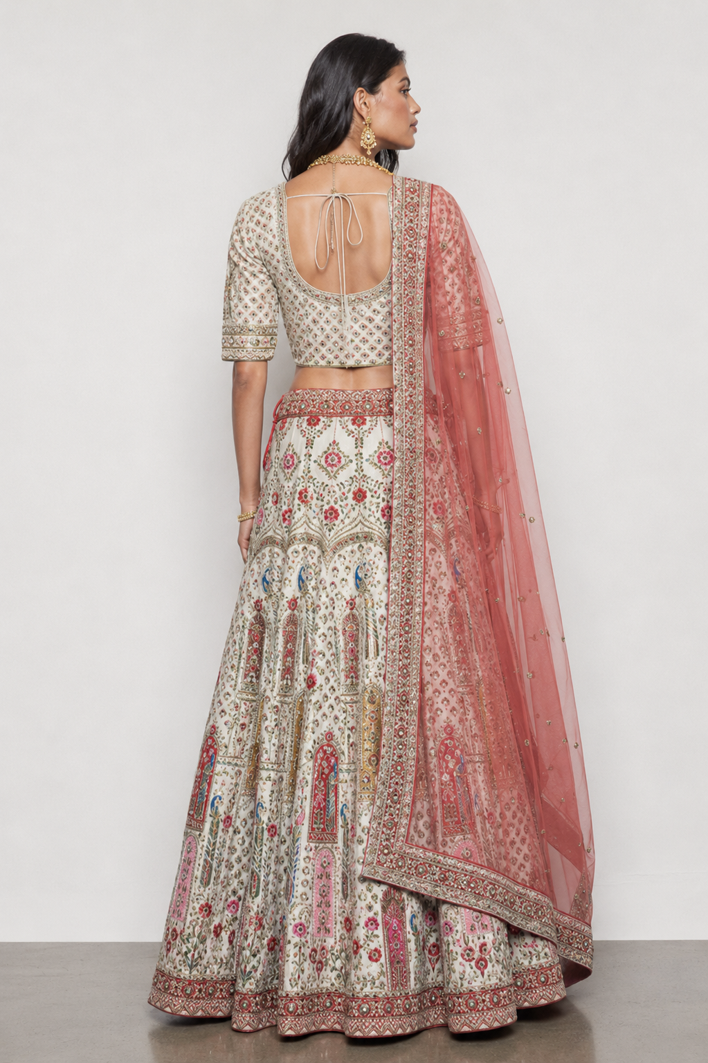 Cream Pure Raw Silk Bridal Lehenga with Moti, Kardana, Kashab, Sicon and Resham Handwork