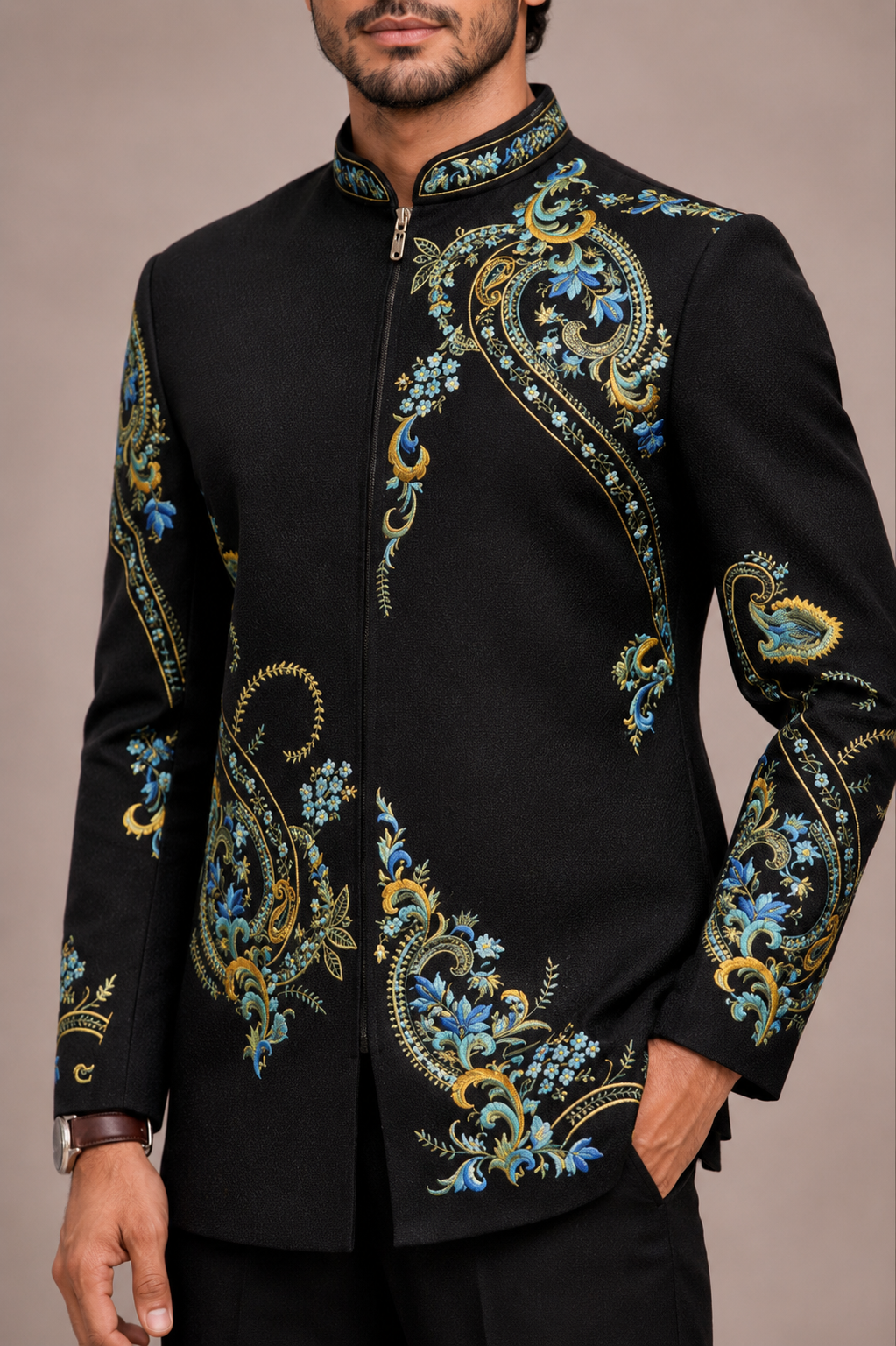 Black Pure Raw Silk Jodhpuri Suit with Hand and Machine Embroidery