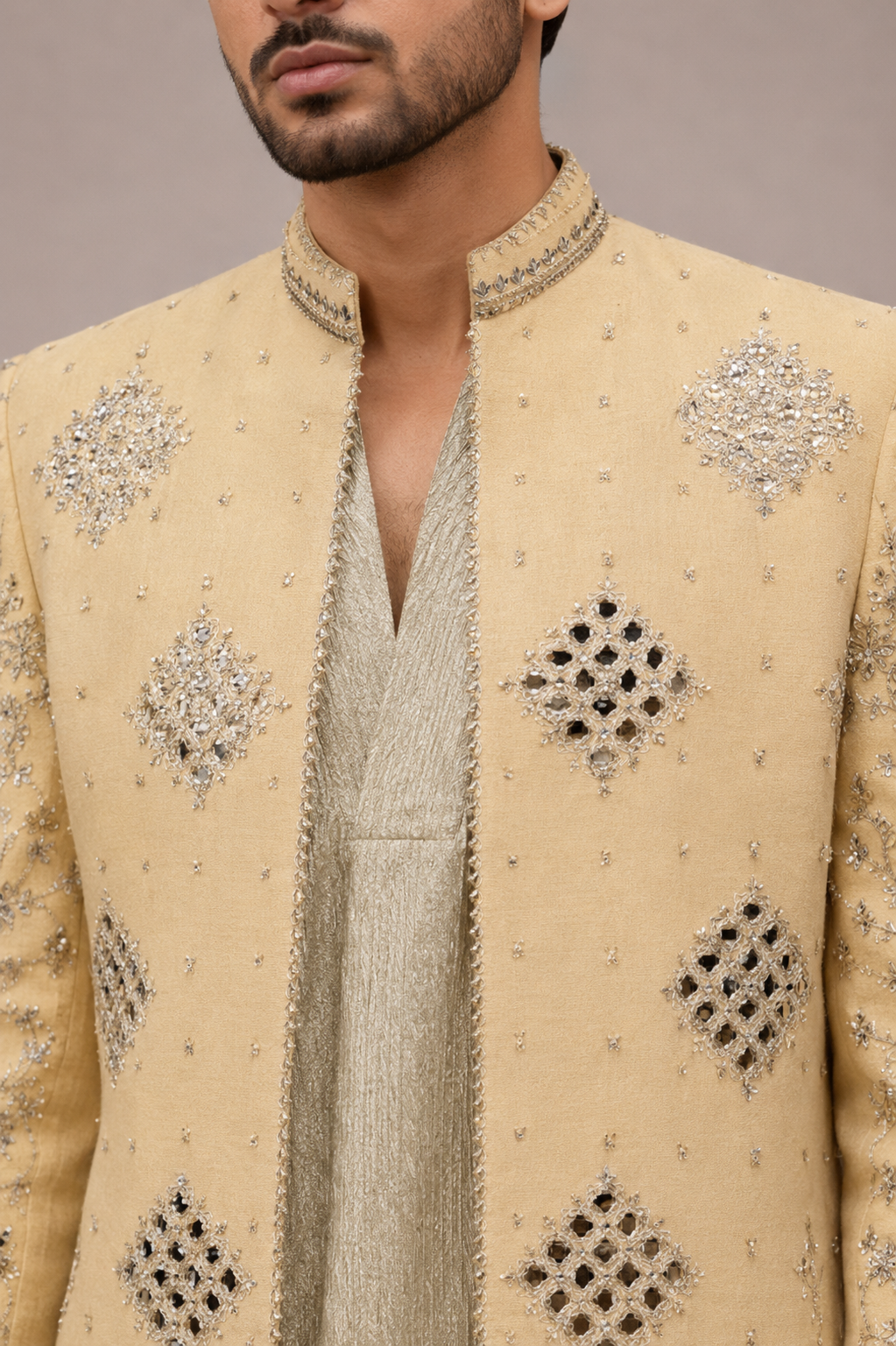 Gold Tissue Silk Indo Western with Tissue Mirror and Embroidery Work