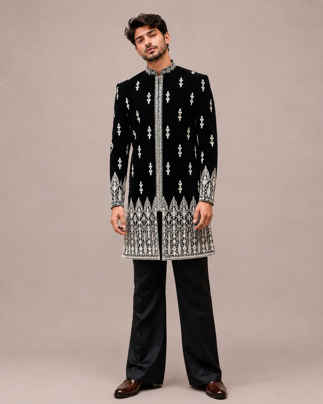 Black Silk Sherwani with Machine Embroidery and Hand Work