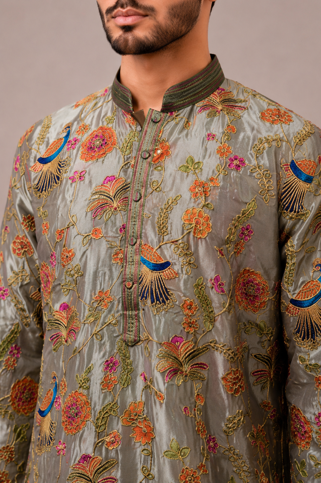 Grey Silk Kurta Set with Machine Thread Embroidery Work