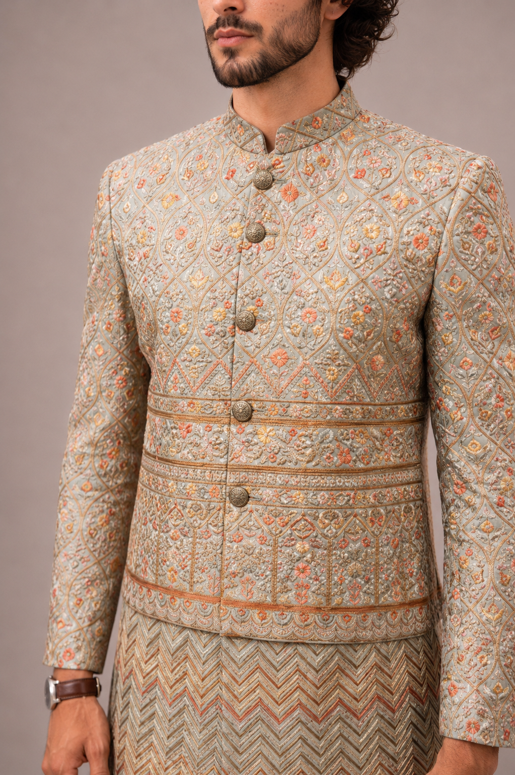 C Green Silk Sherwani with Machine Work