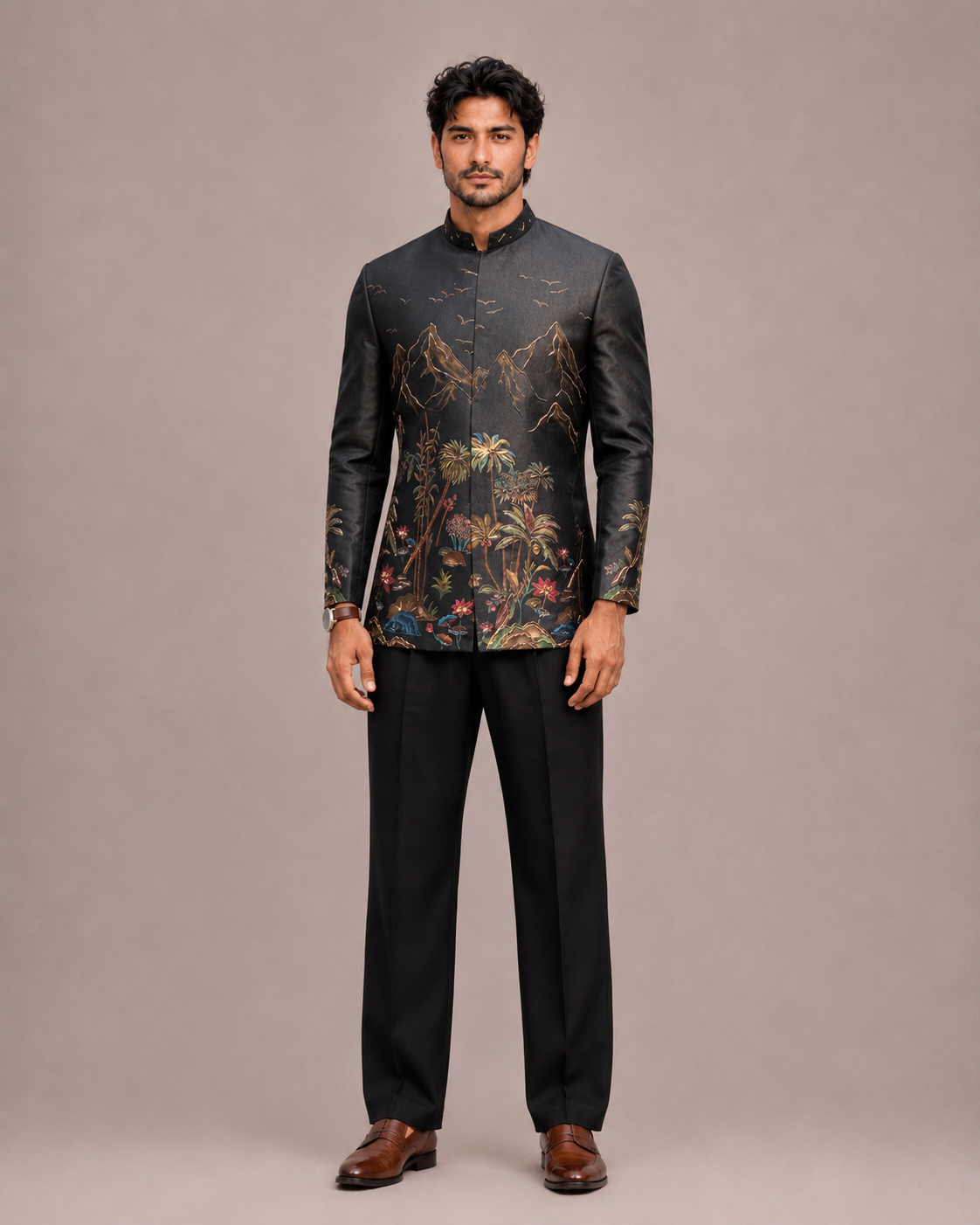 Black Silk Jodhpuri Set with Hand Print and Hand Embroidery Work