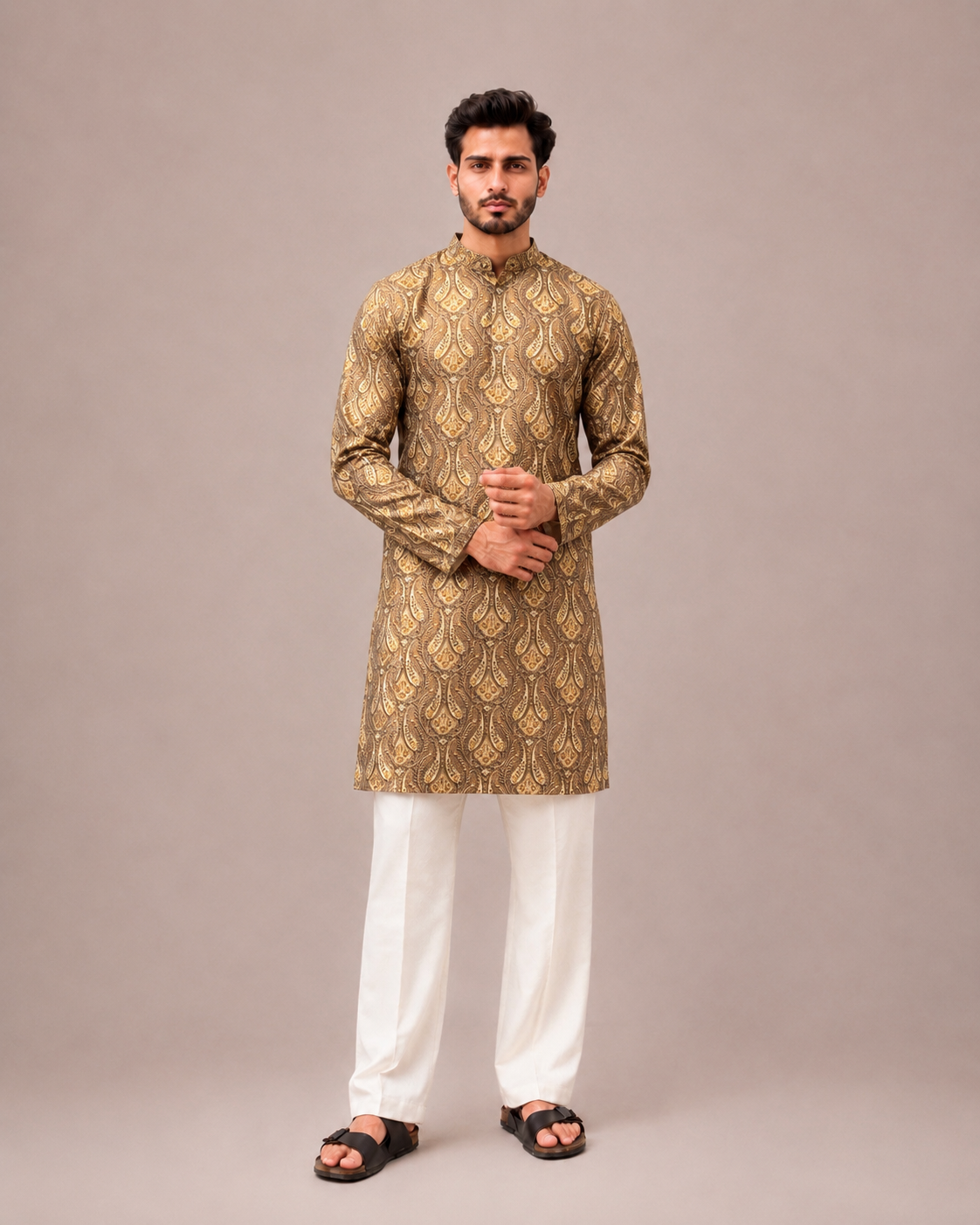 Mehndi Green Silk Kurta Set with Print and Thread Work