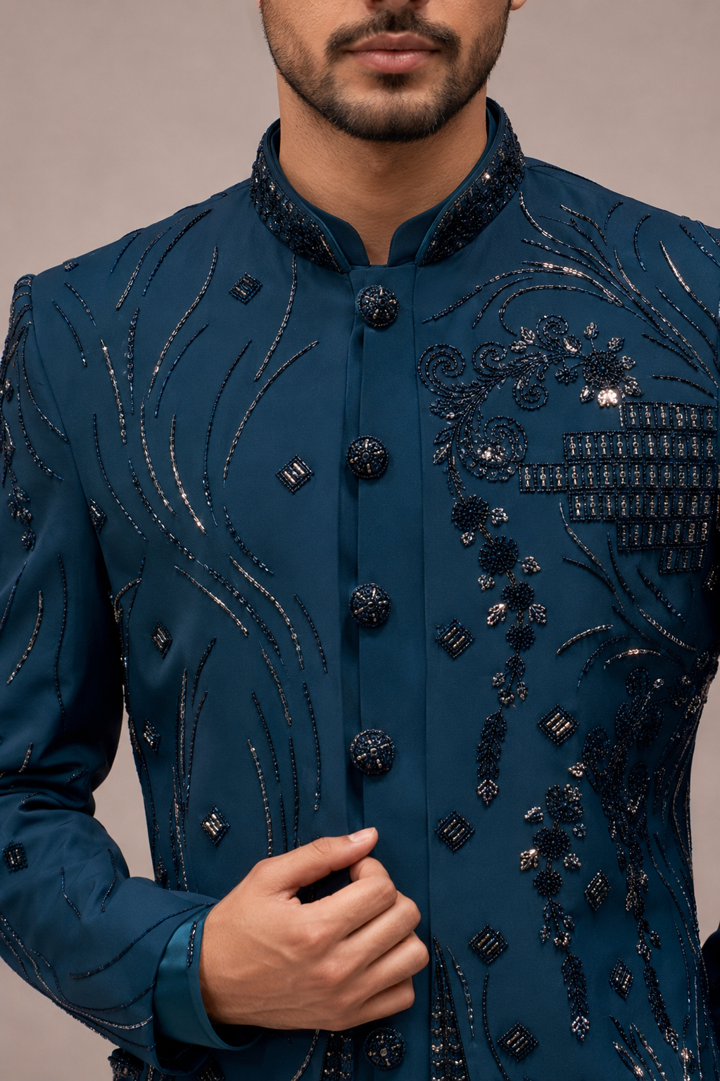 Dark Rama Indo Western with Machine and Hand Embroidery Work