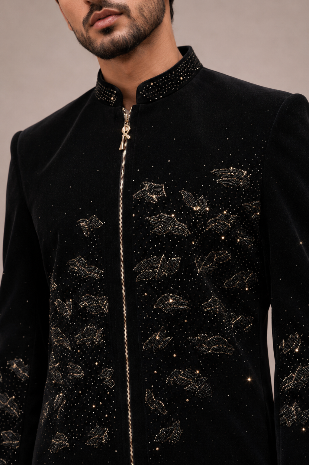 Black Velvet Front Open Indo Western with Peach and Hand Work