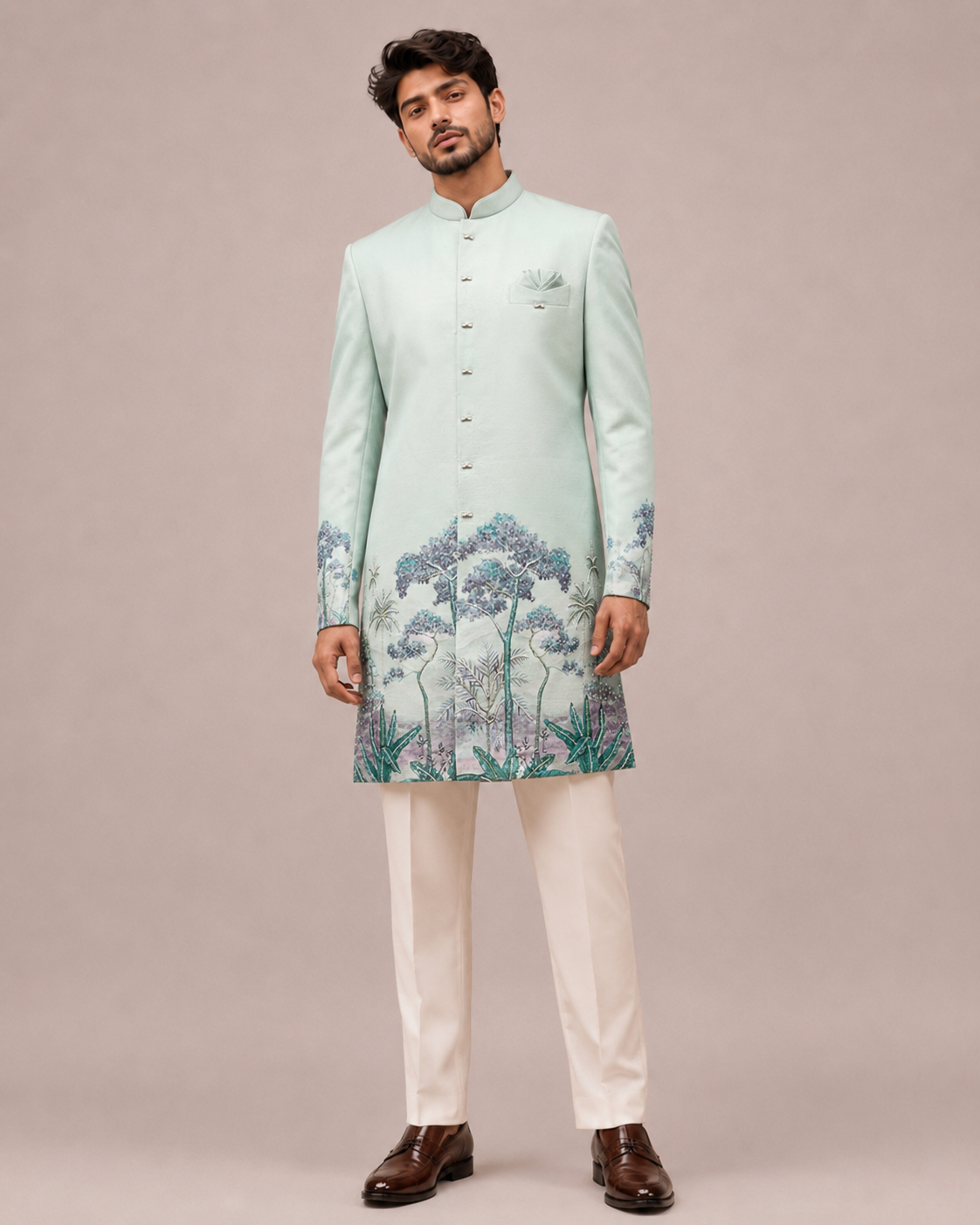 Aqua Silk Indo Western for Men with Hand Print and Hand Work